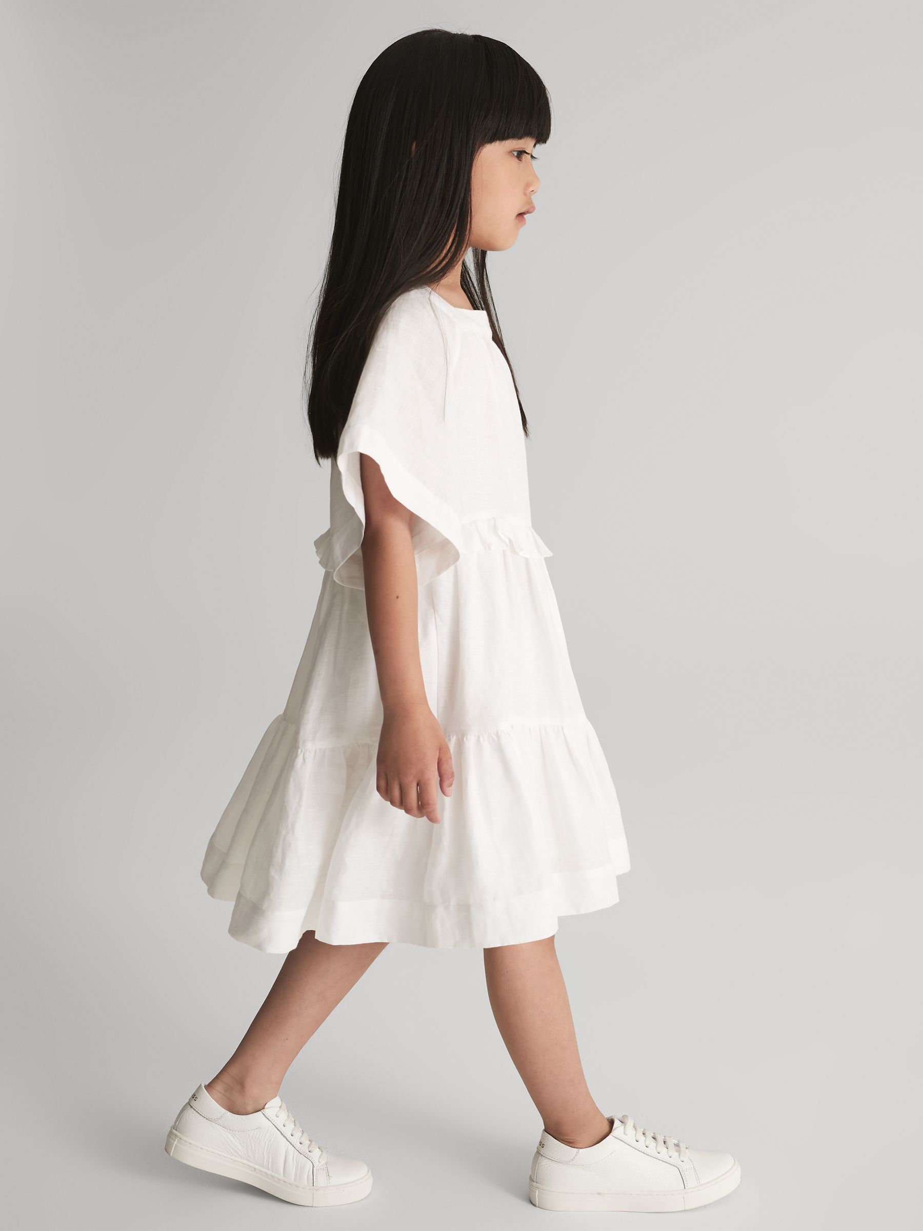 Tiered Linen Mini Dress in White - Image 3 of 7