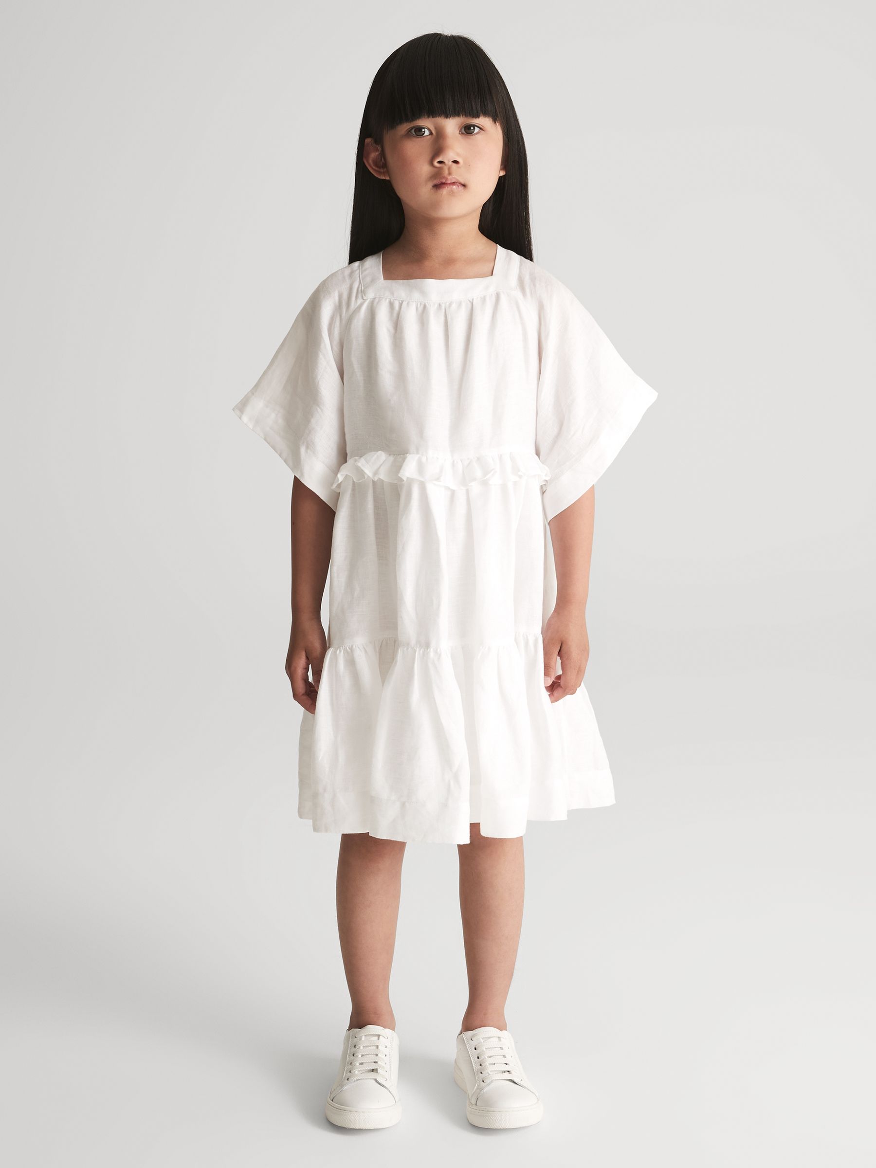 Tiered Linen Mini Dress in White - Image 4 of 7