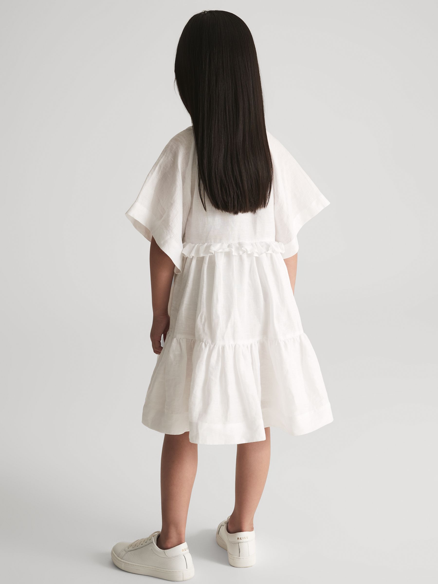 Tiered Linen Mini Dress in White - Image 5 of 7