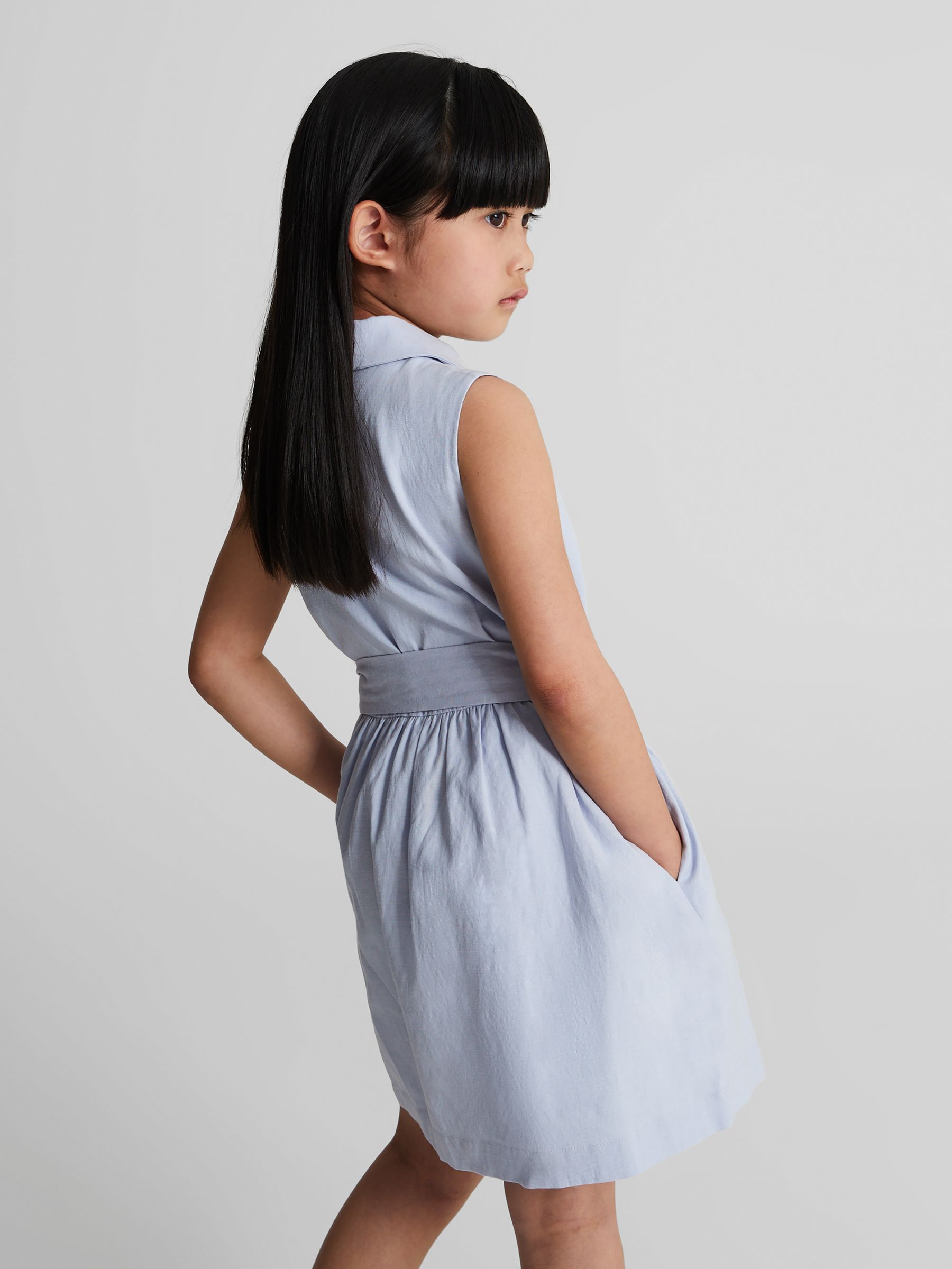 Linen Blend Mini Dress in Pale Blue - Image 5 of 6