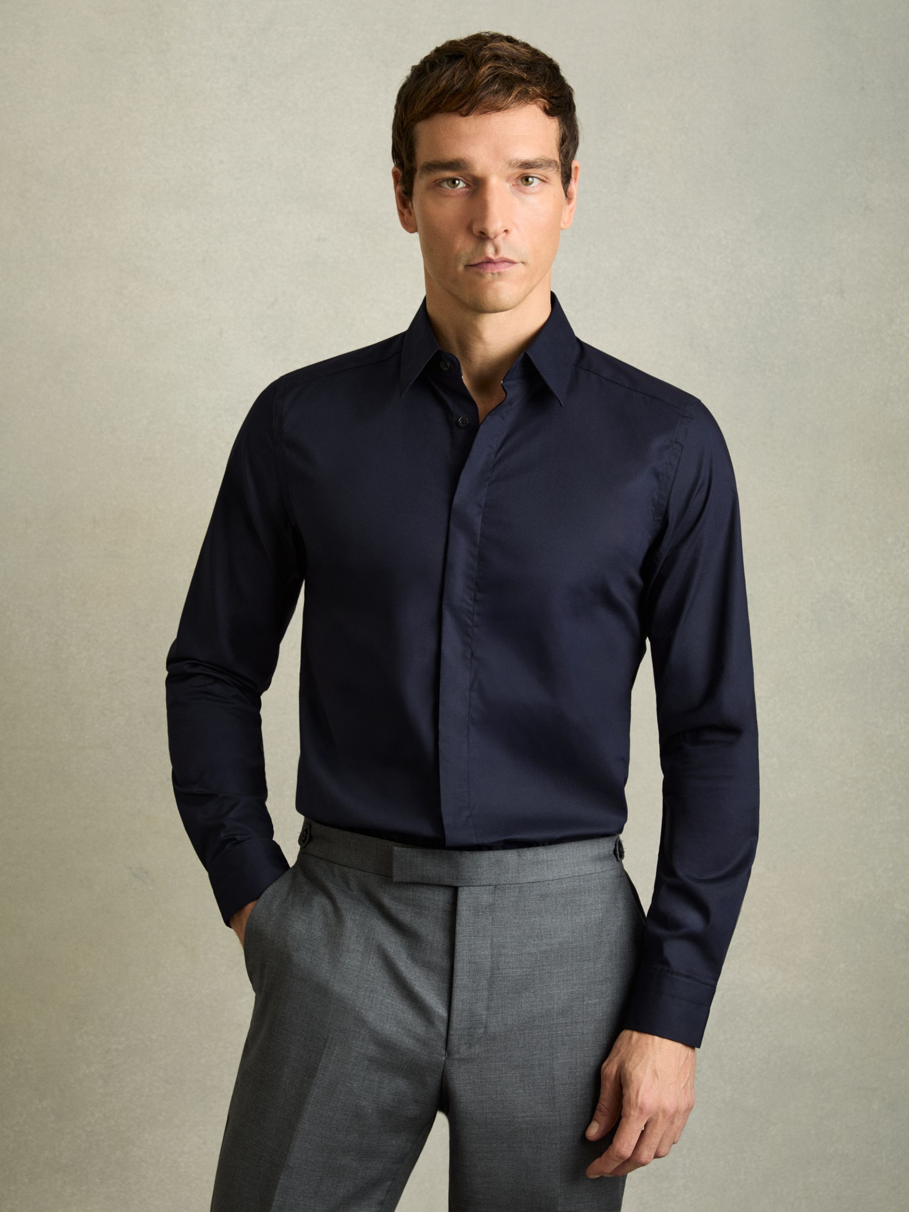 Slim Fit Cotton Blend Shirt in Navy - Image 1 of 7