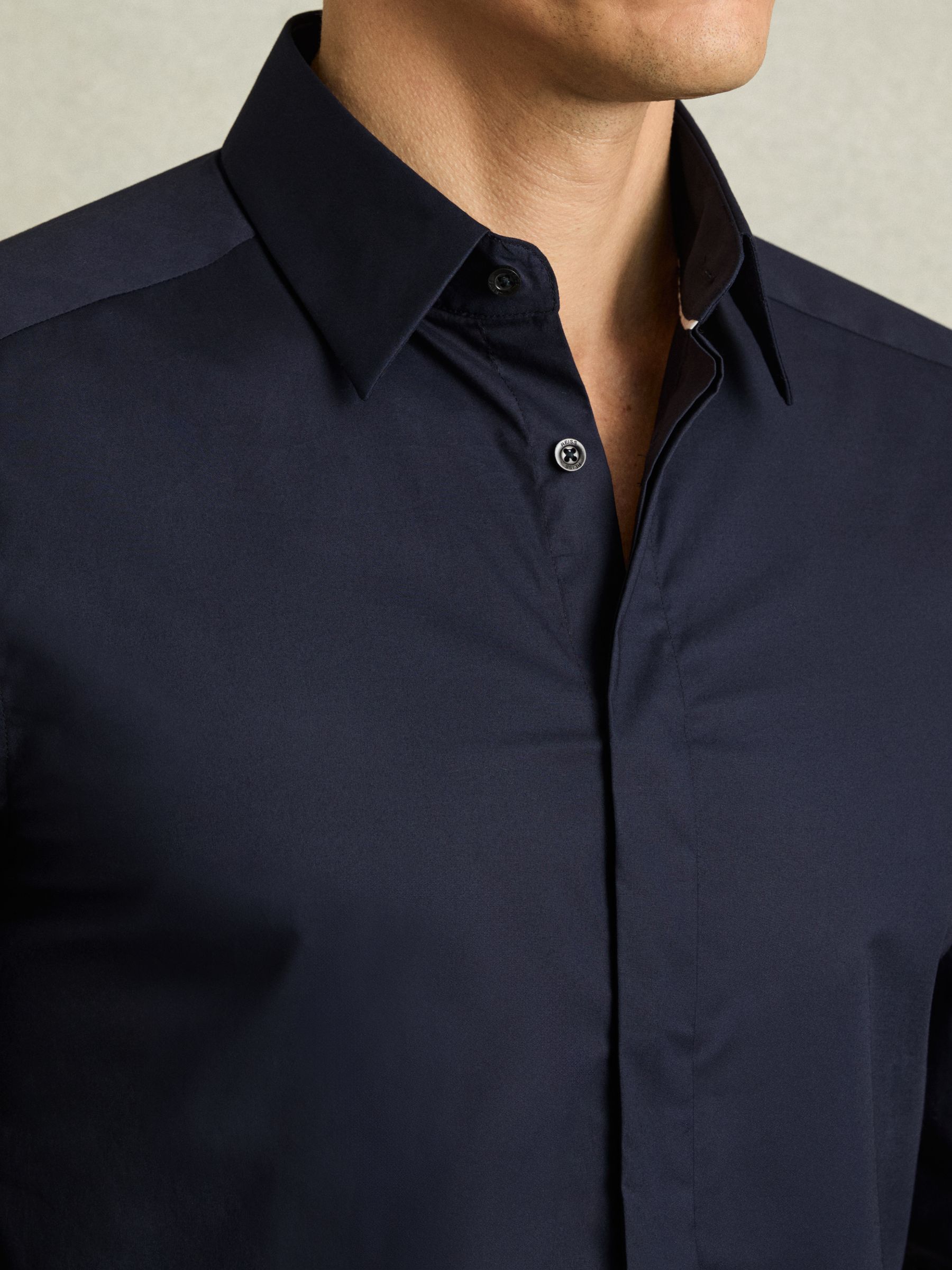 Slim Fit Cotton Blend Shirt in Navy - Image 4 of 7