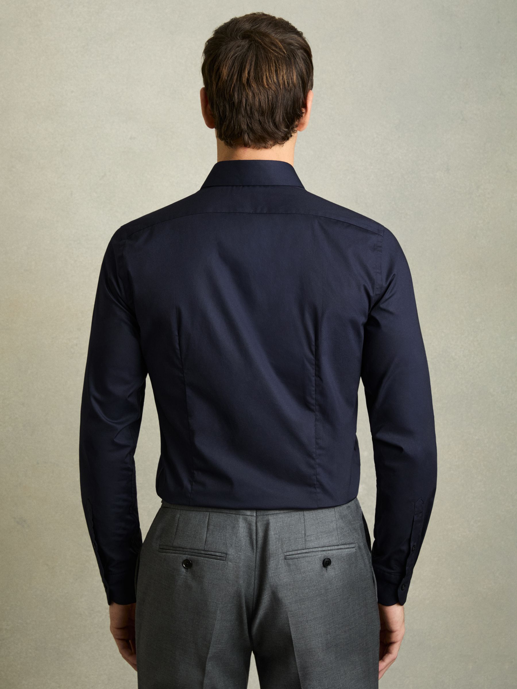 Slim Fit Cotton Blend Shirt in Navy - Image 6 of 7