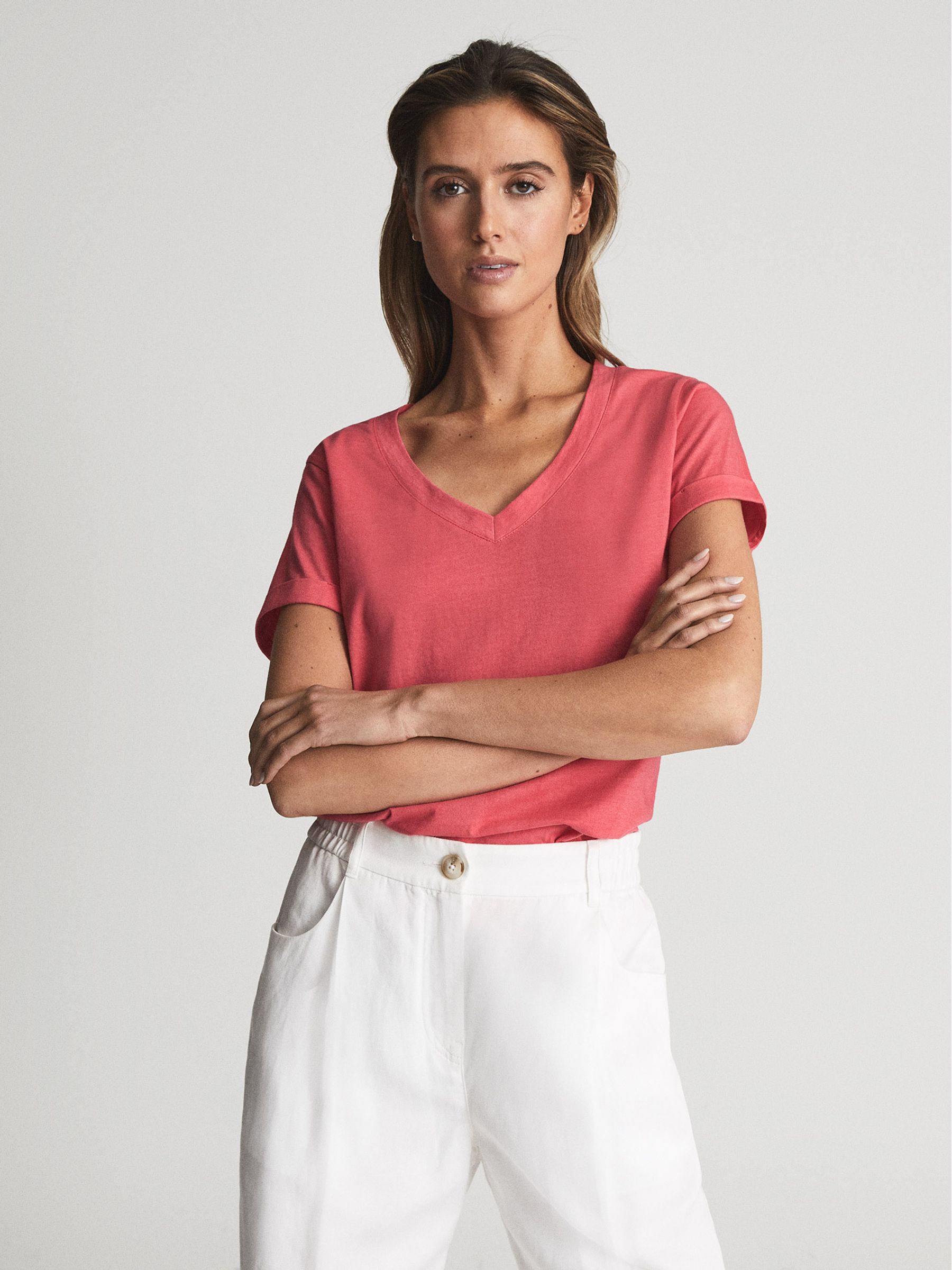 Cotton-Jersey V-Neck T-Shirt in Coral - Image 1 of 5