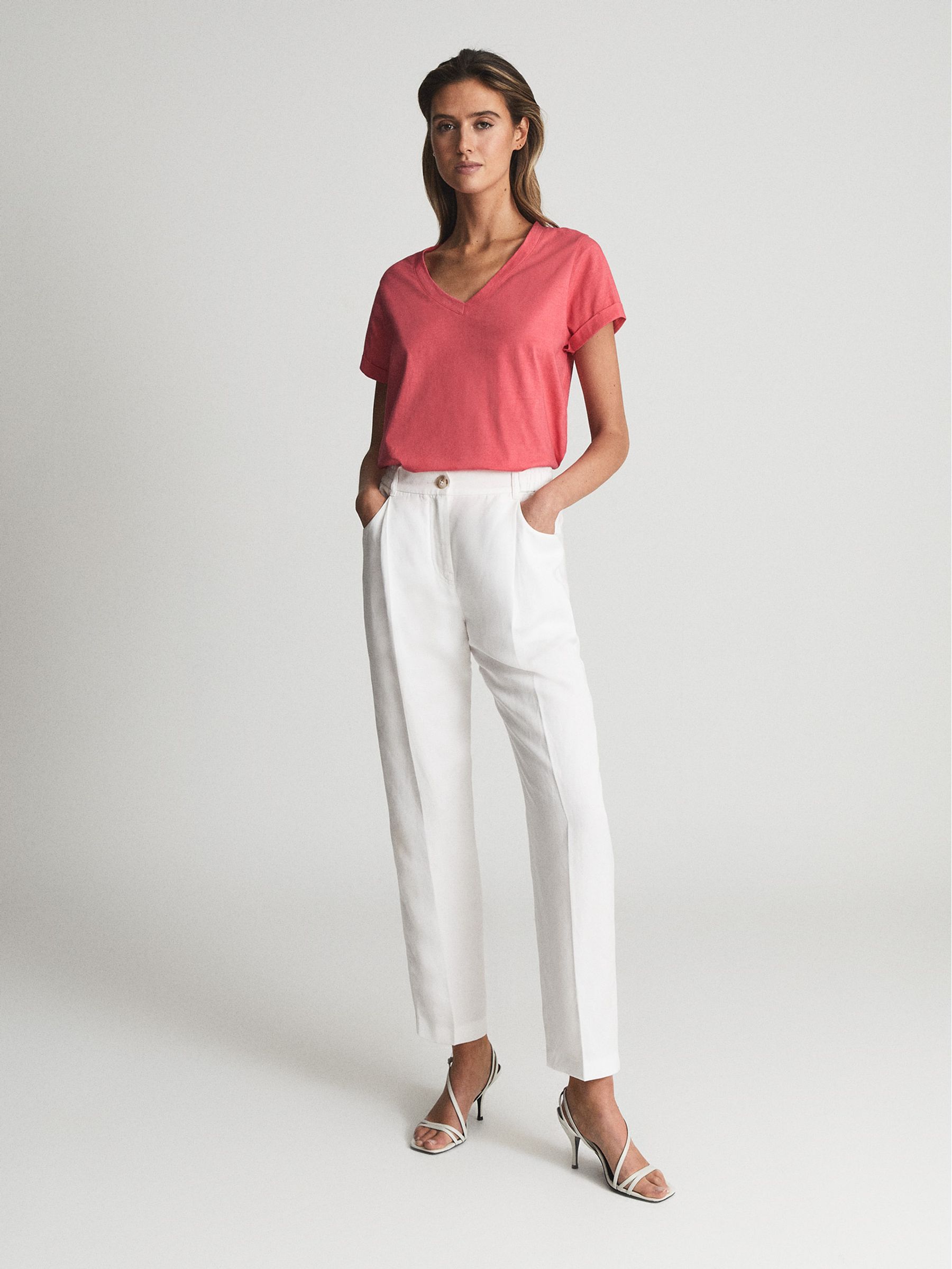 Cotton-Jersey V-Neck T-Shirt in Coral - Image 2 of 5