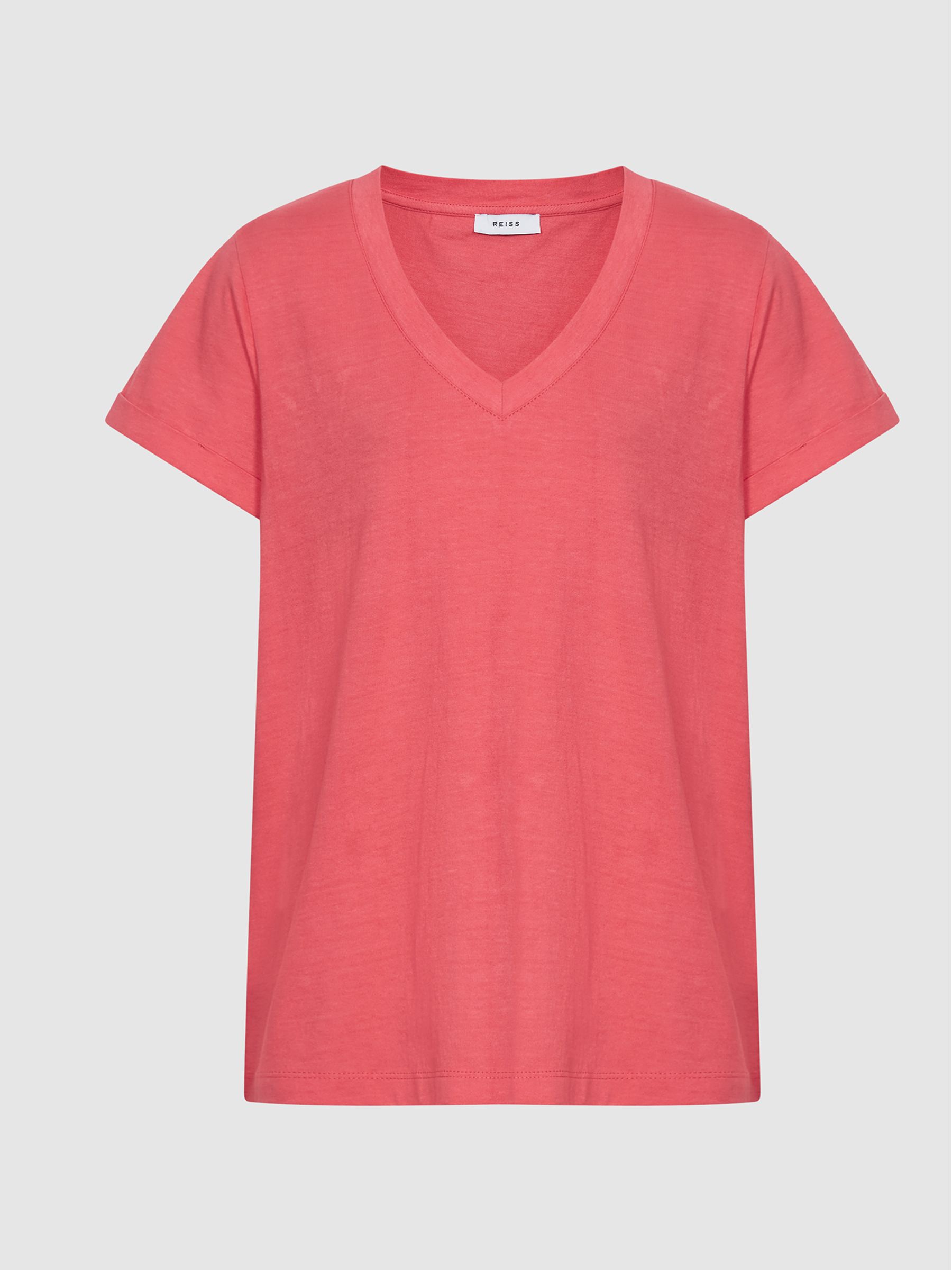 Cotton-Jersey V-Neck T-Shirt in Coral - Image 5 of 5
