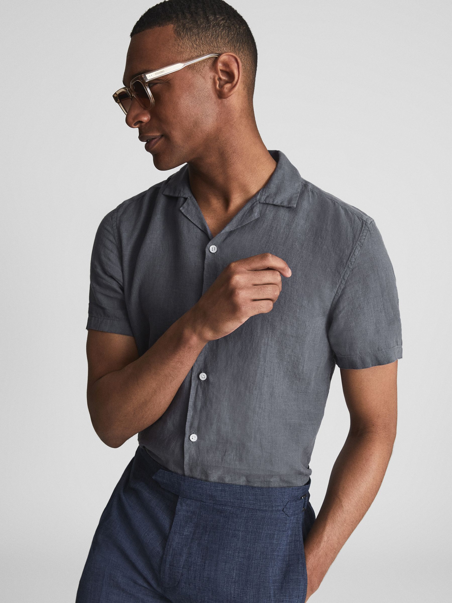 Linen Cuban Collar Shirt in Steel Blue - Image 1 of 5