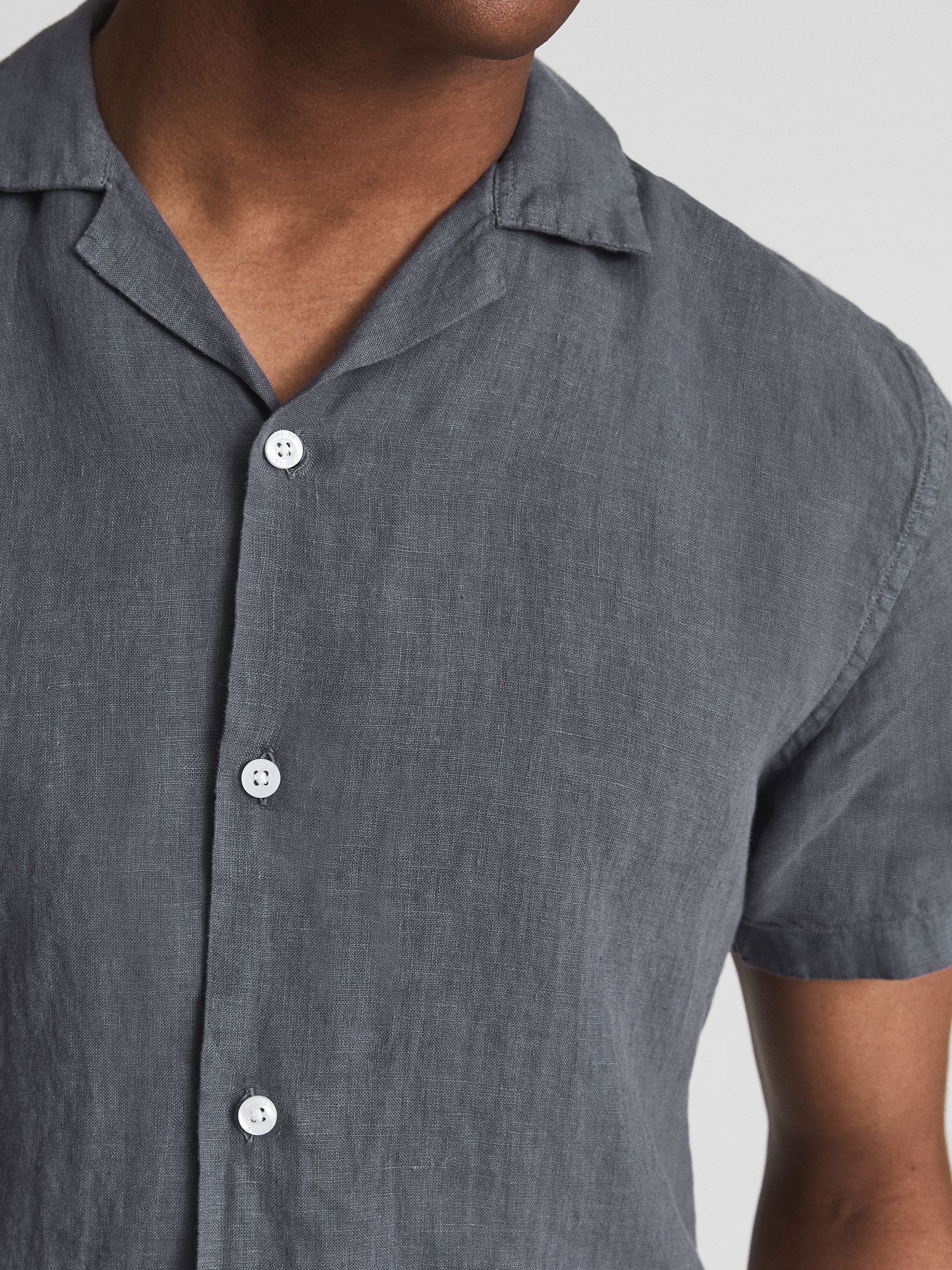 Linen Cuban Collar Shirt in Steel Blue - Image 4 of 5