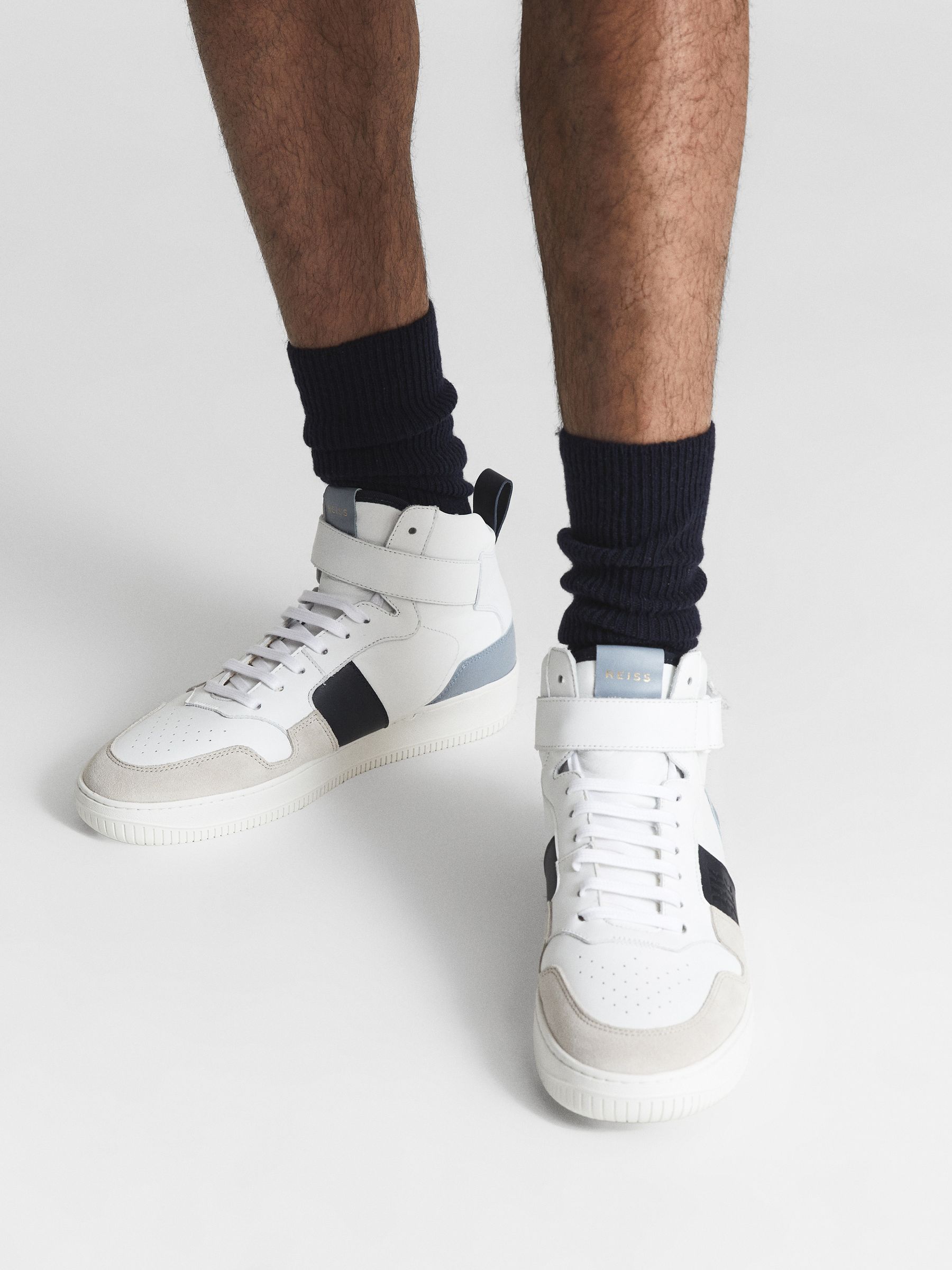 High Top Leather Trainers in White/Blue Mix - Image 2 of 7