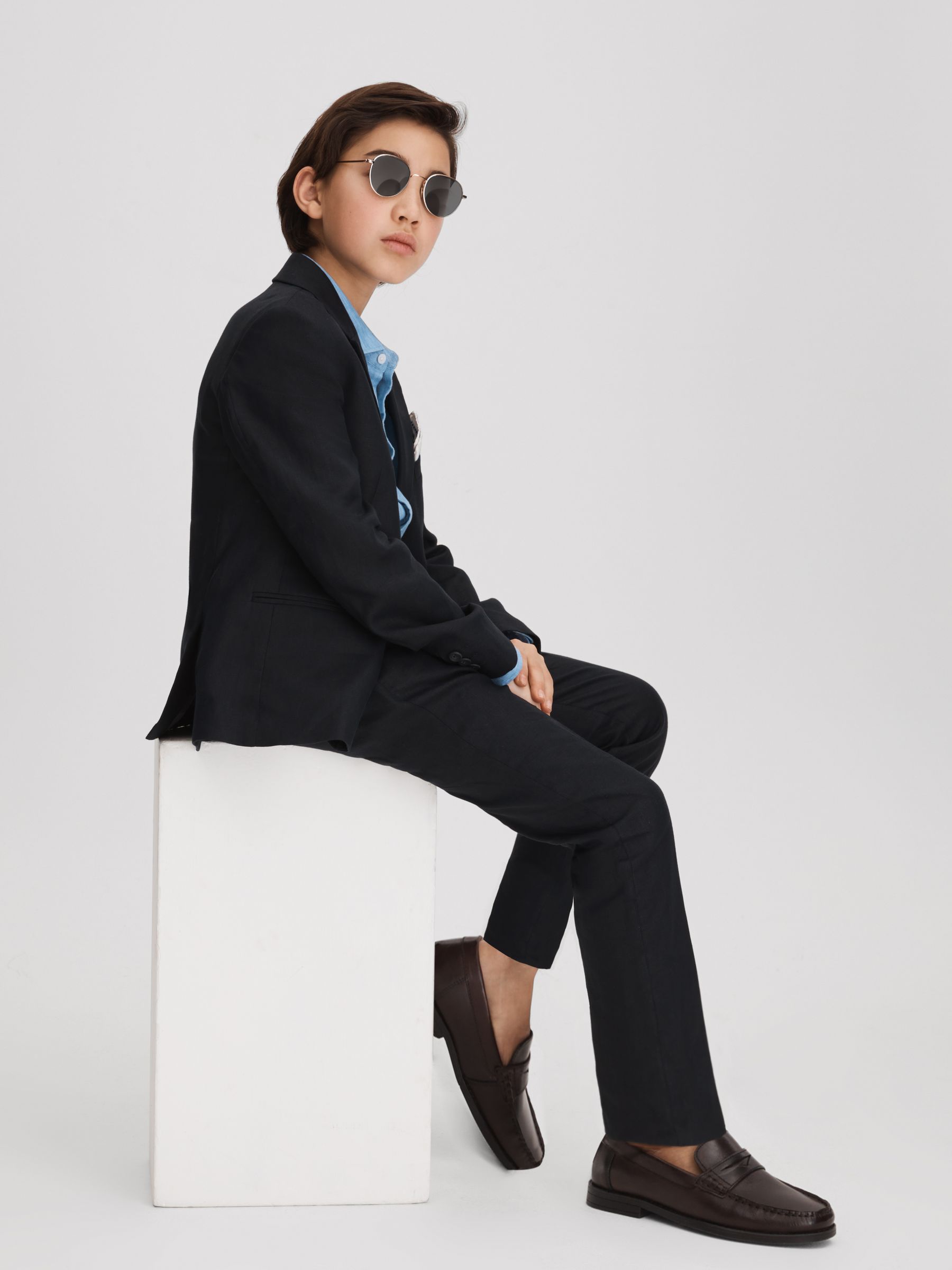 4-9 yrs Slim Fit Linen Adjustable Trousers in Navy - Image 1 of 4
