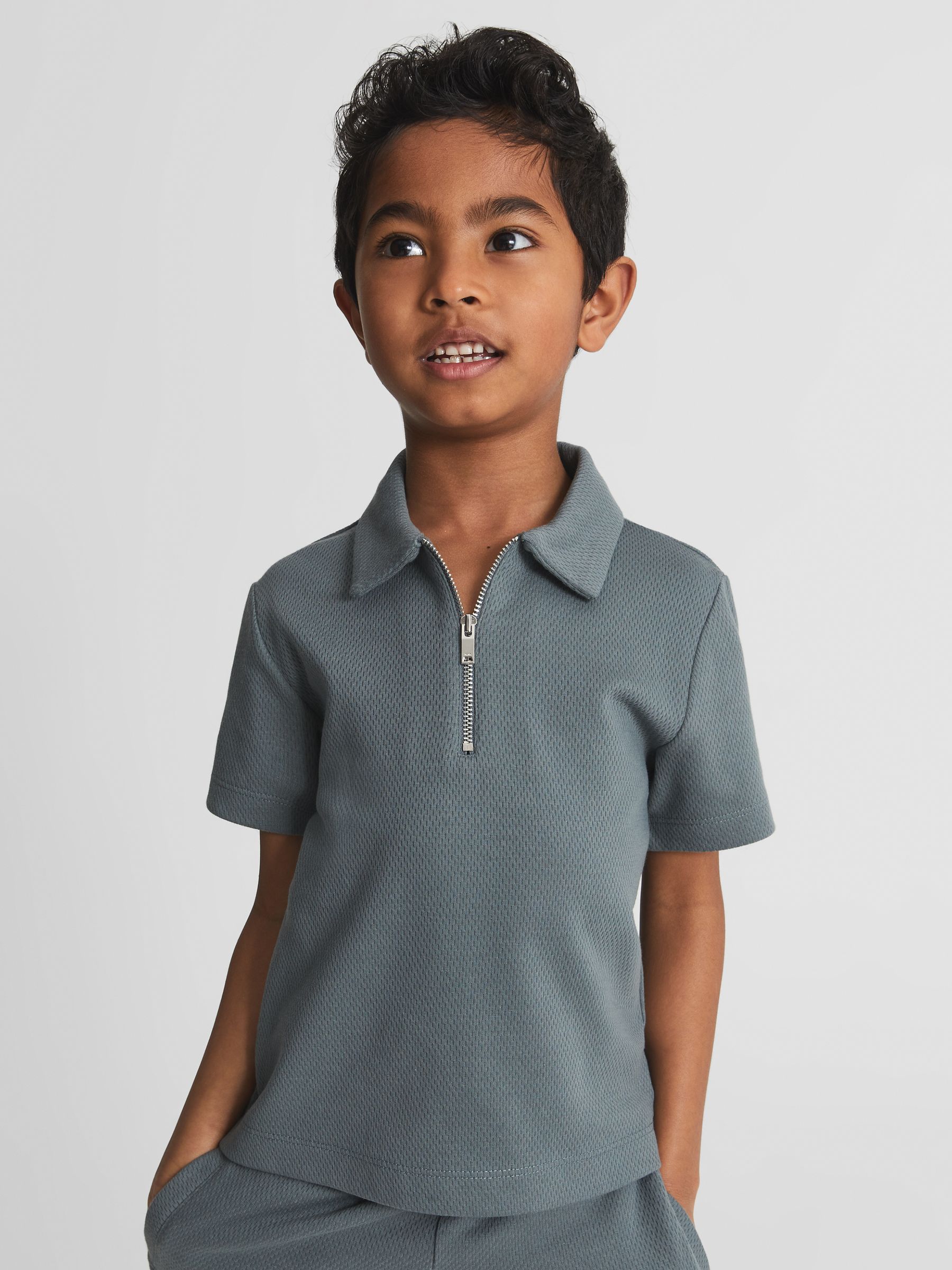 Half Zip Textured Polo T-Shirt in Sage - Image 1 of 6 Half Zip Textured Polo T-Shirt in Sage - Image 1 of 6