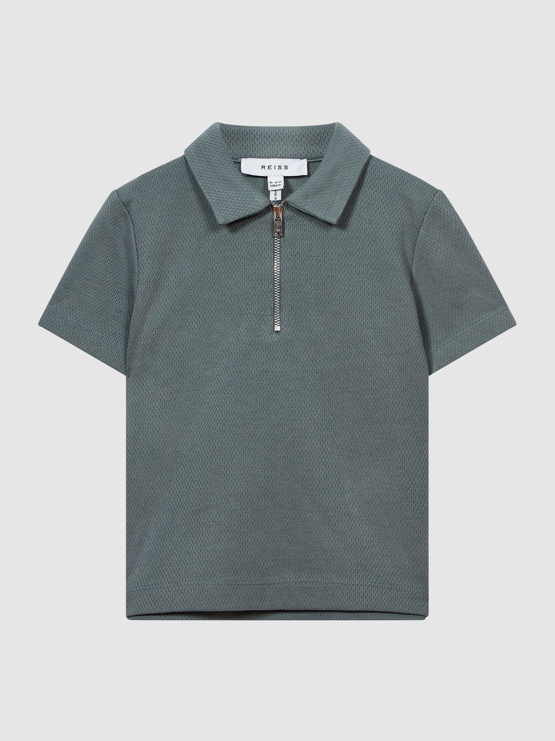 Half Zip Textured Polo T-Shirt in Sage - Image 2 of 6