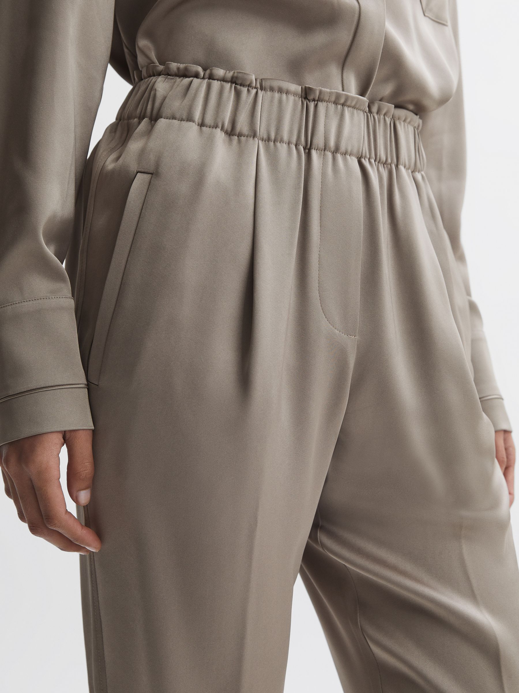 Satin Elasticated Tapered Trousers in Mink - Image 3 of 5