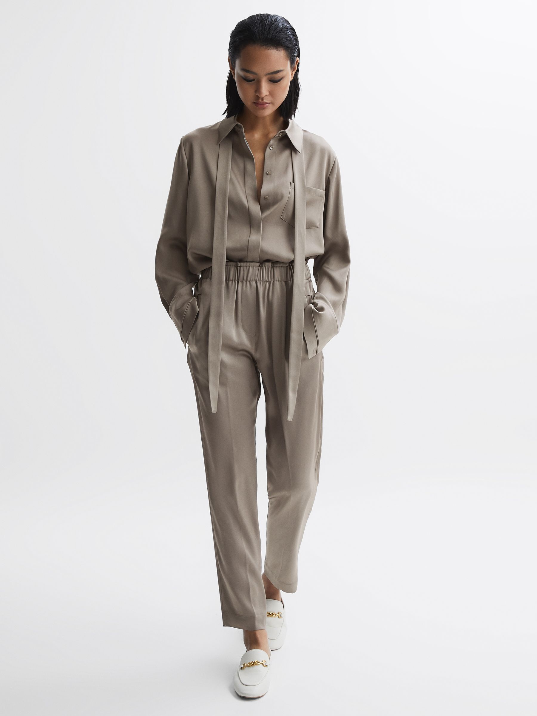 Satin Elasticated Tapered Trousers in Mink - Image 4 of 5
