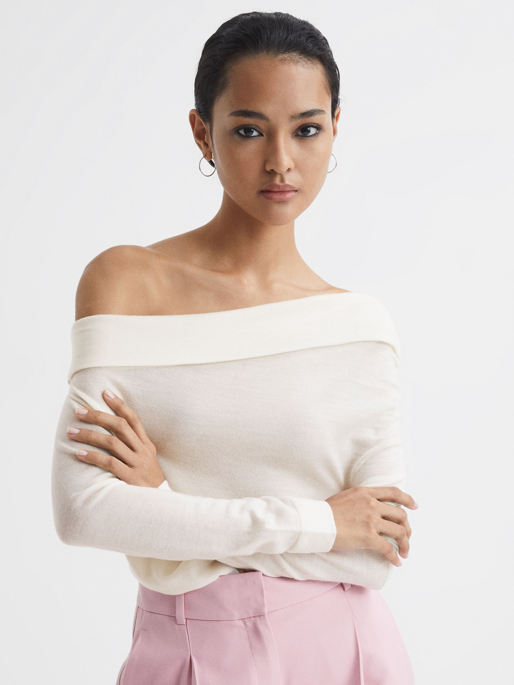 Off Shoulder Wool Top in Cream - Image 10 of 12
