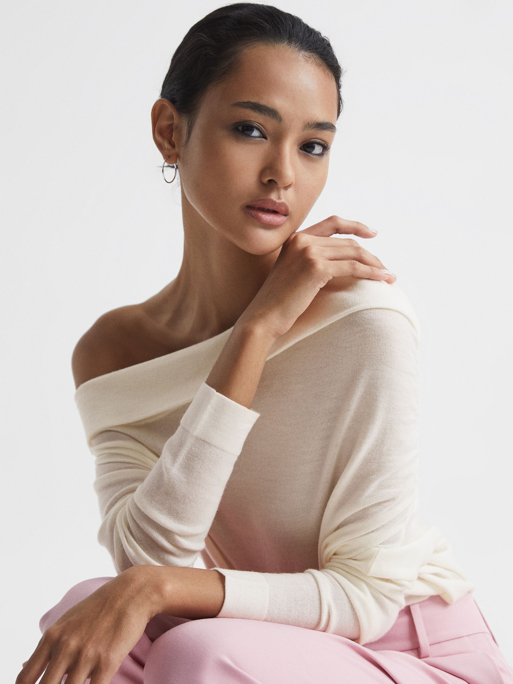 Off Shoulder Wool Top in Cream - Image 3 of 12