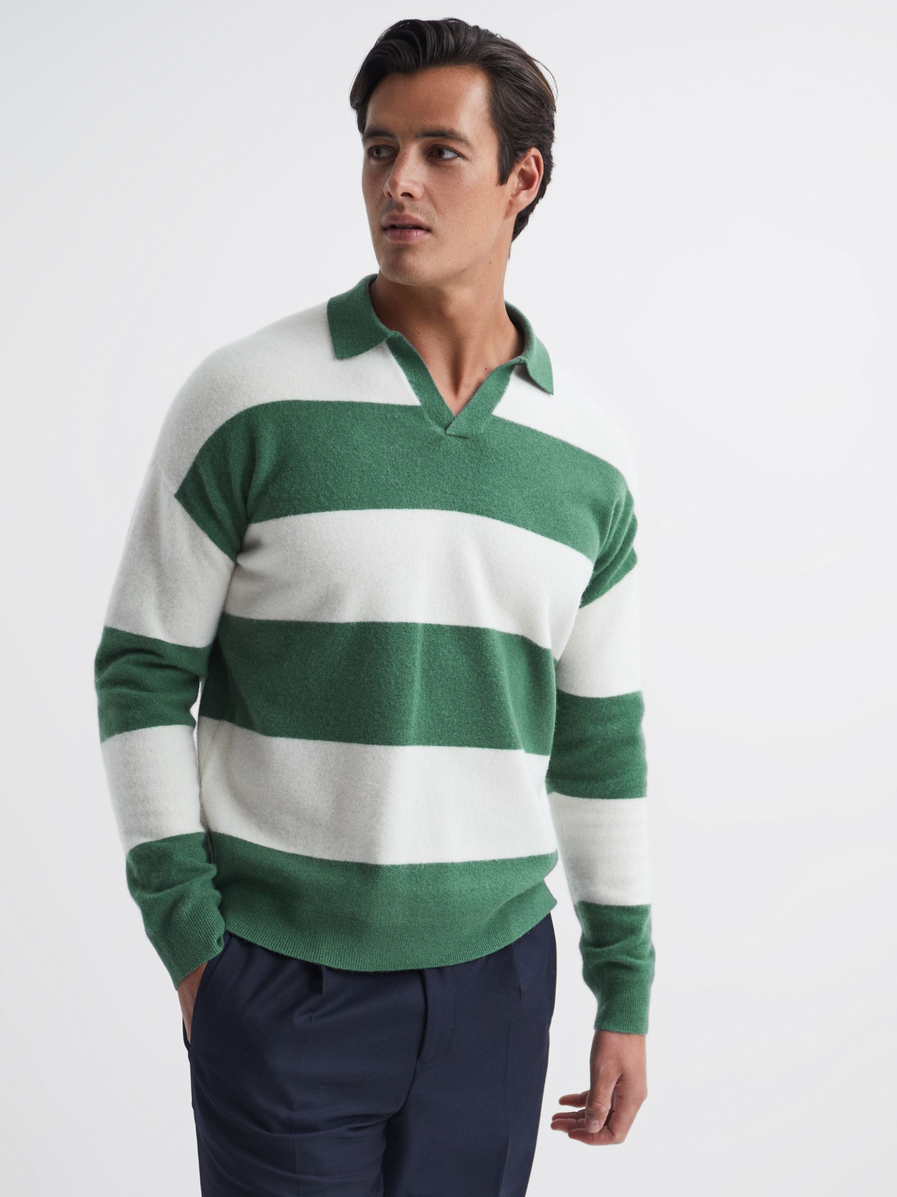 Striped Wool Rugby Shirt in Pine Green/Ecru - Image 1 of 6