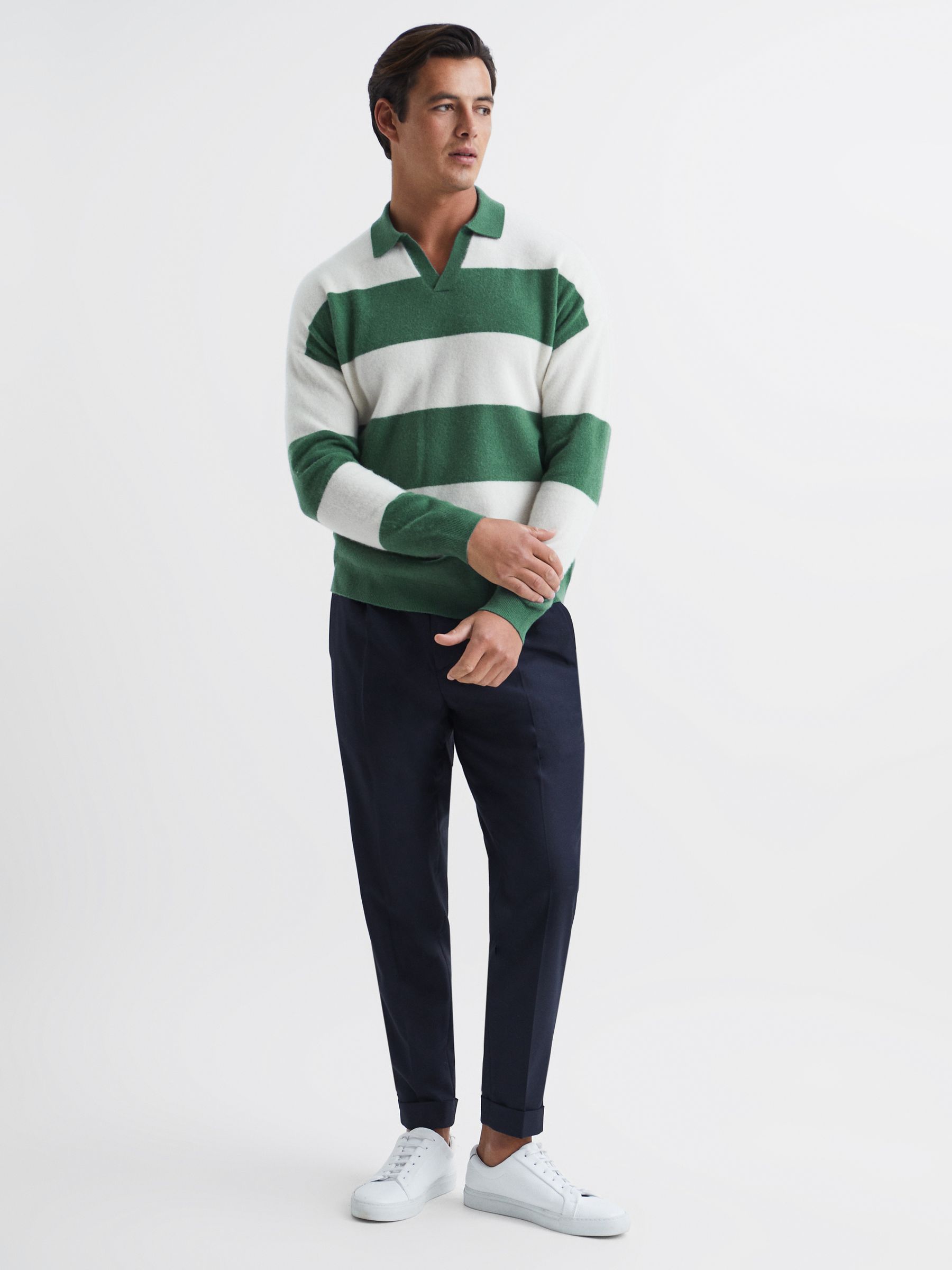 Striped Wool Rugby Shirt in Pine Green/Ecru - Image 3 of 6