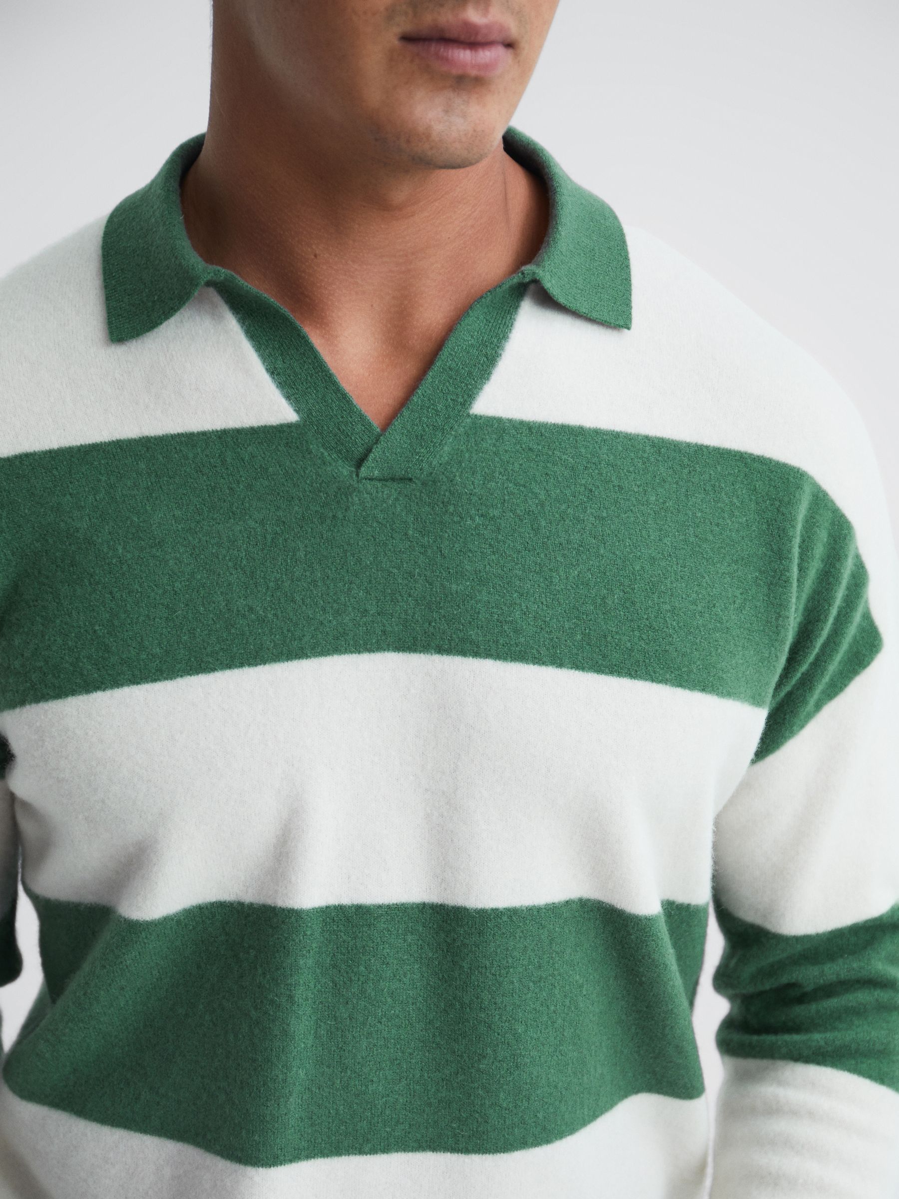 Striped Wool Rugby Shirt in Pine Green/Ecru - Image 4 of 6