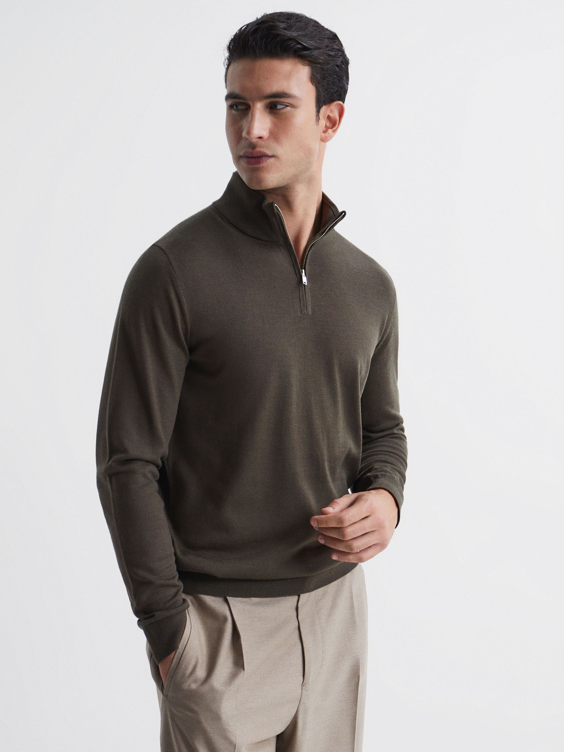 Zip Up Knitted Jumper in Dark Military Green - Image 1 of 5