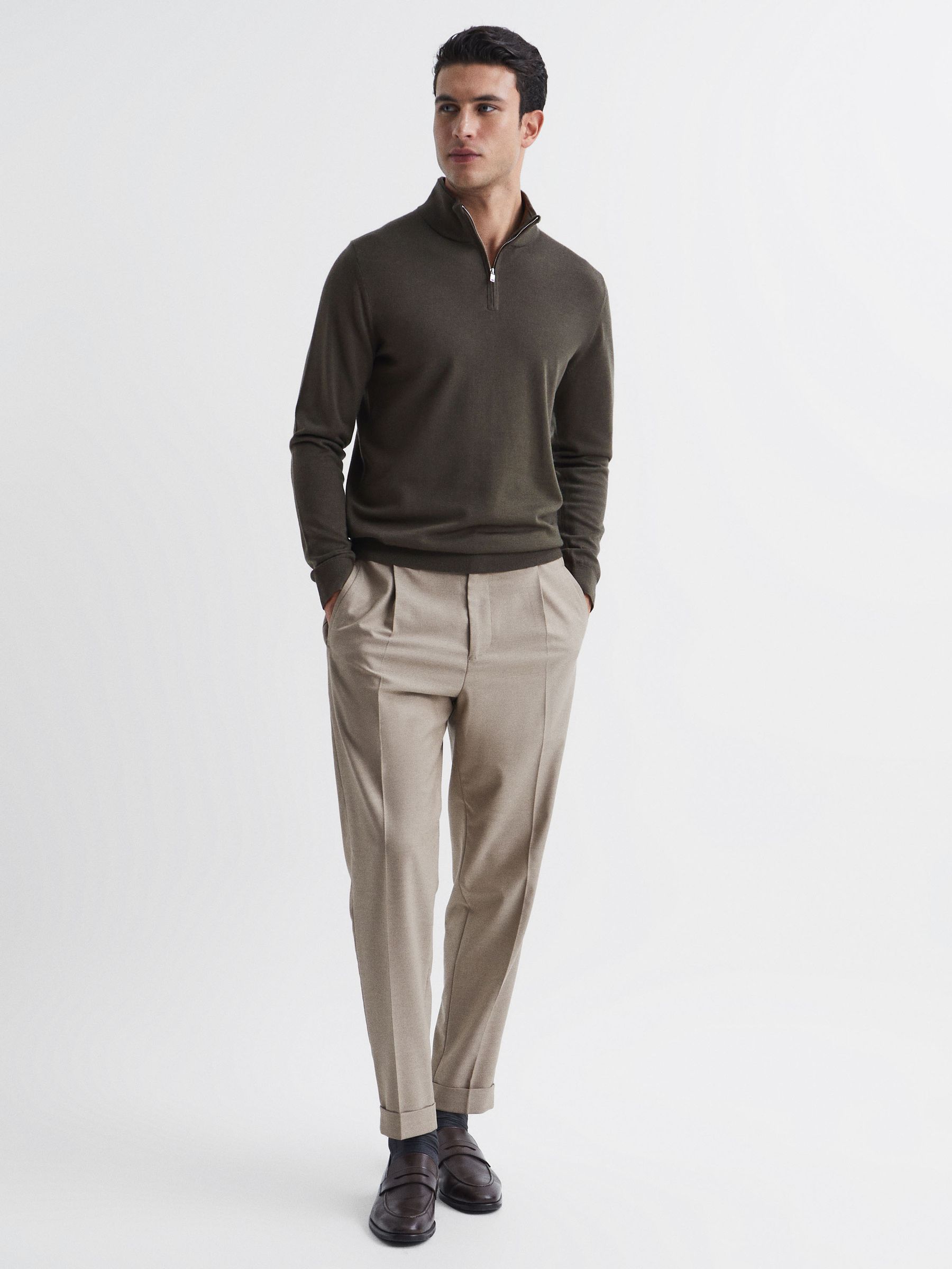 Zip Up Knitted Jumper in Dark Military Green - Image 3 of 5