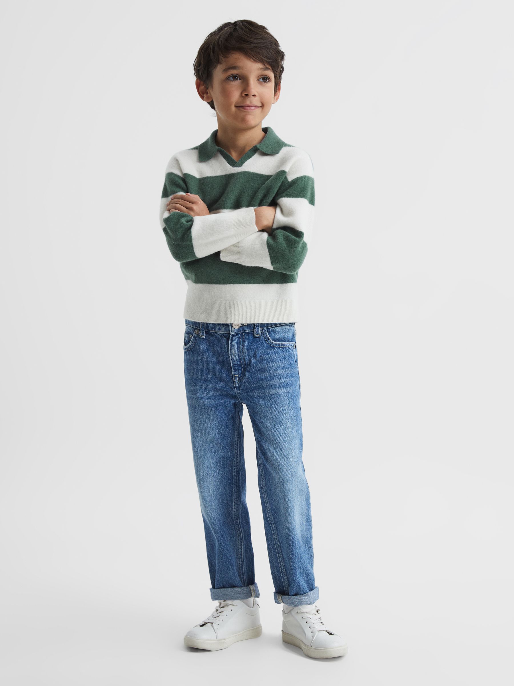 Striped Wool Jumper in Pine Green/Ecru - Image 1 of 6 Striped Wool Jumper in Pine Green/Ecru - Image 1 of 6