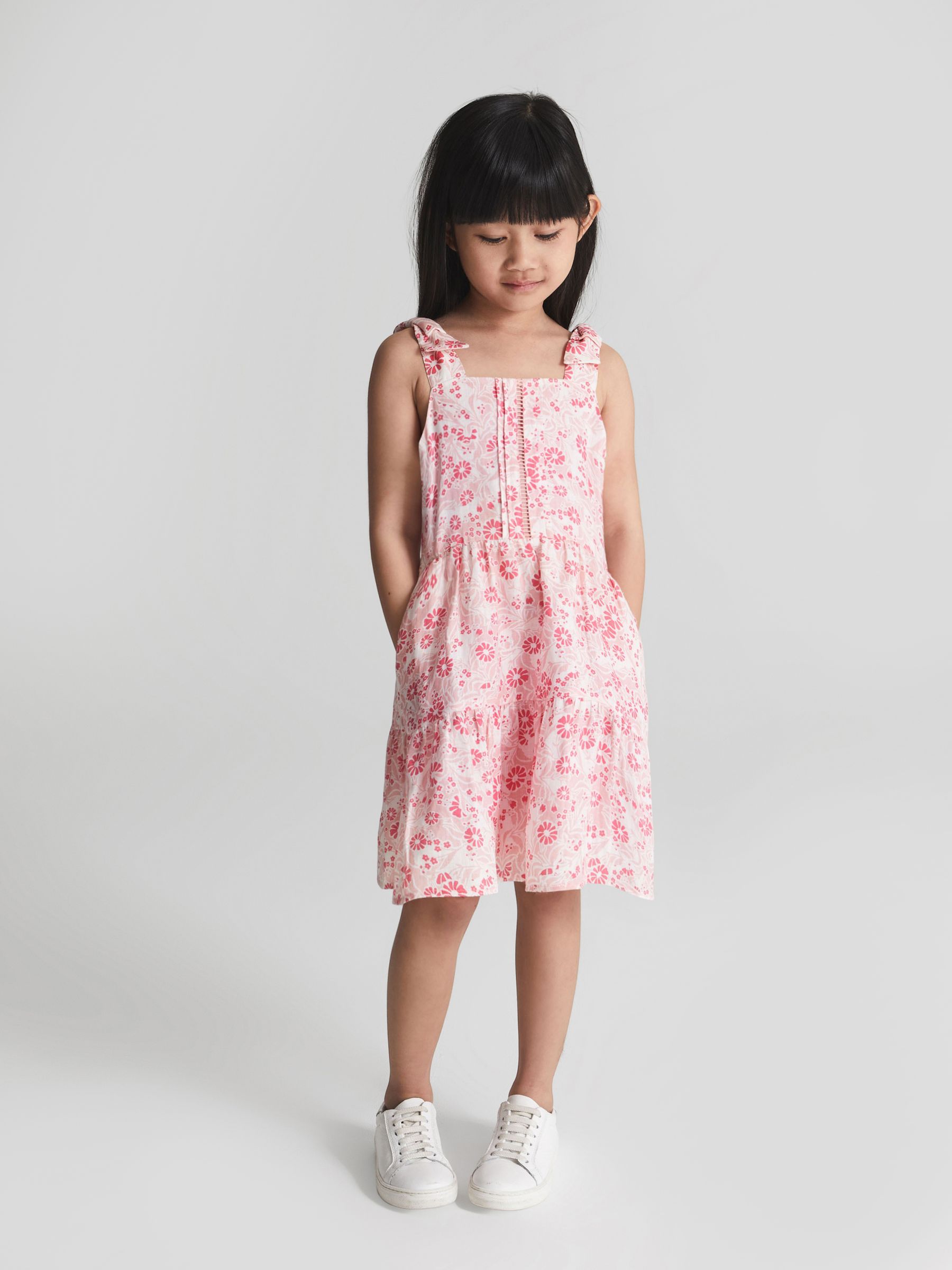 Printed Tie Shoulder Mini Dress in Pink Print - Image 1 of 6