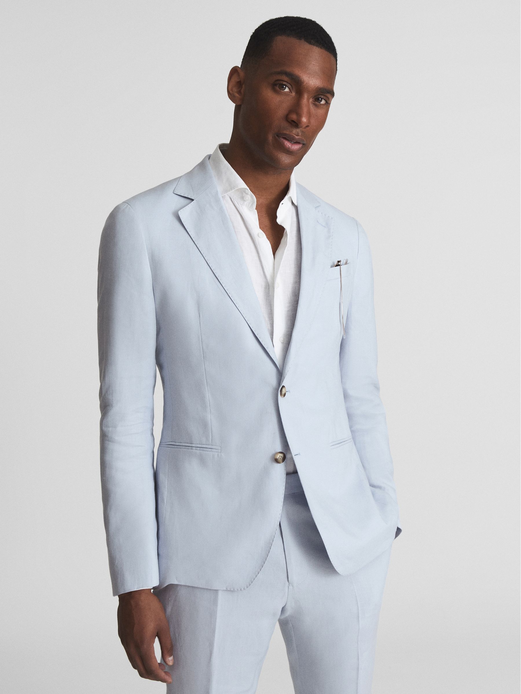 Slim Fit Single Breasted Linen Blazer in Soft Blue - Image 1 of 6 Slim Fit Single Breasted Linen Blazer in Soft Blue - Image 1 of 6