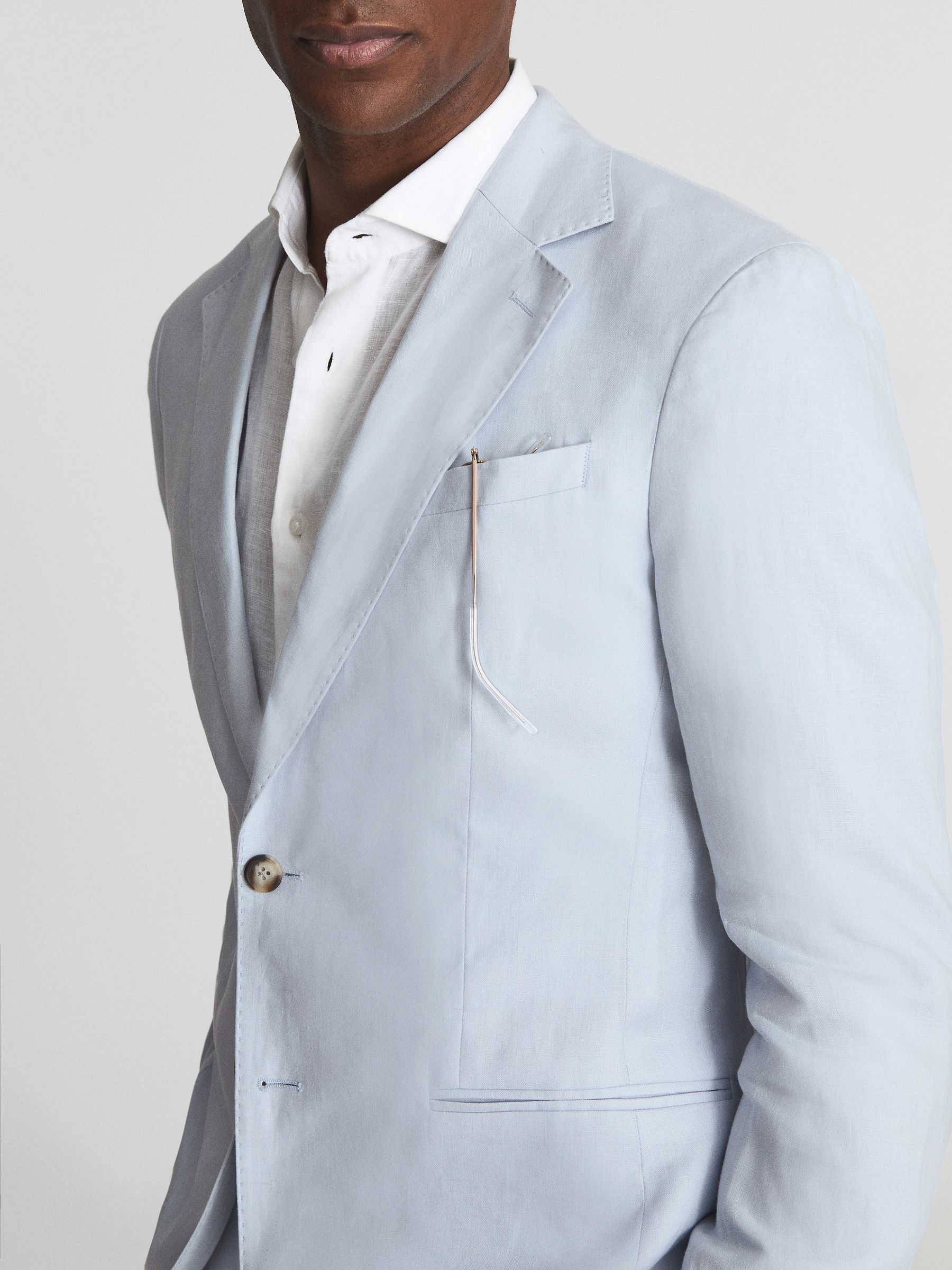 Slim Fit Single Breasted Linen Blazer in Soft Blue - Image 4 of 6