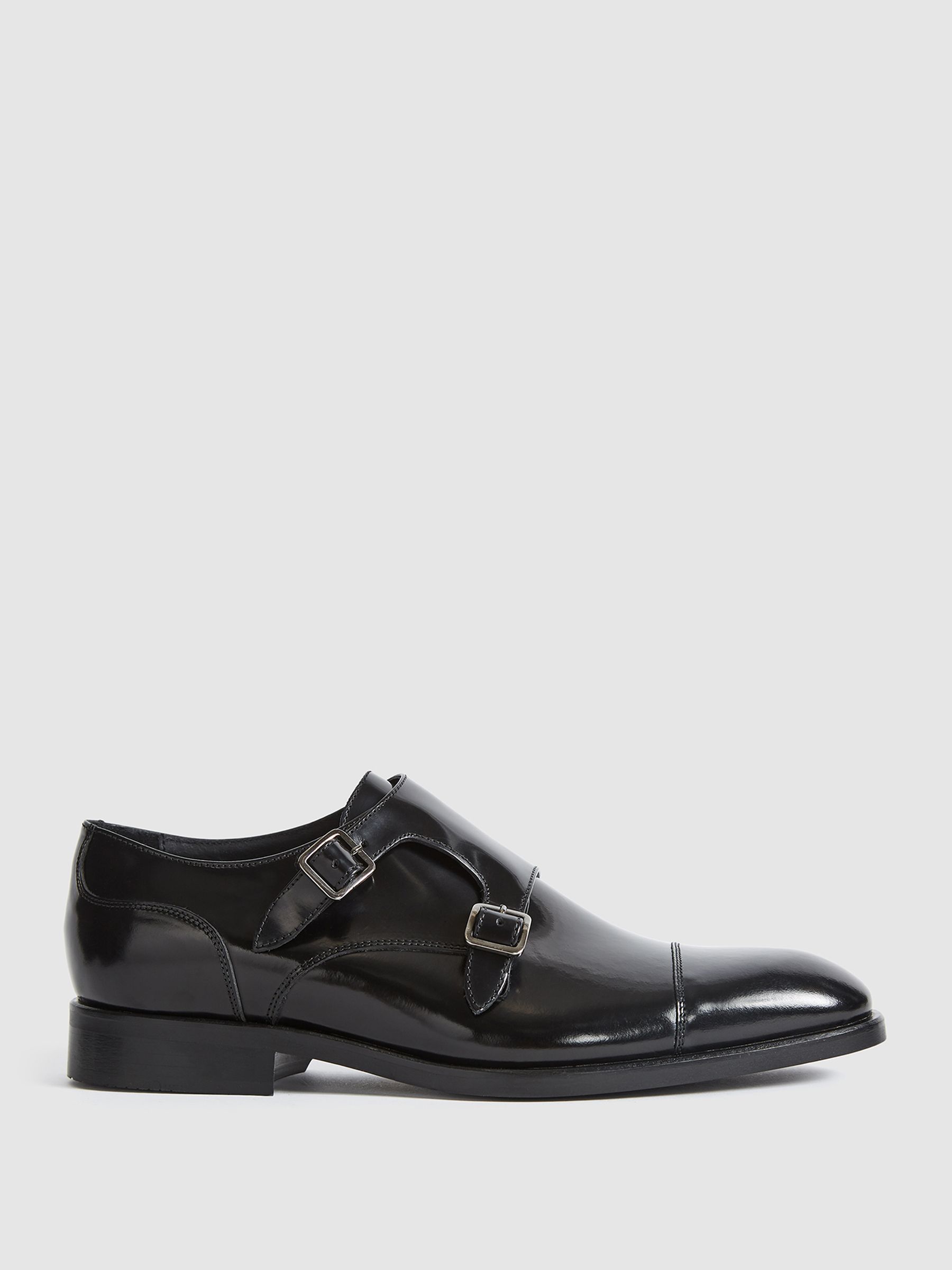 High Shine Leather Monk Strap Shoes in Black - Image 1 of 7
