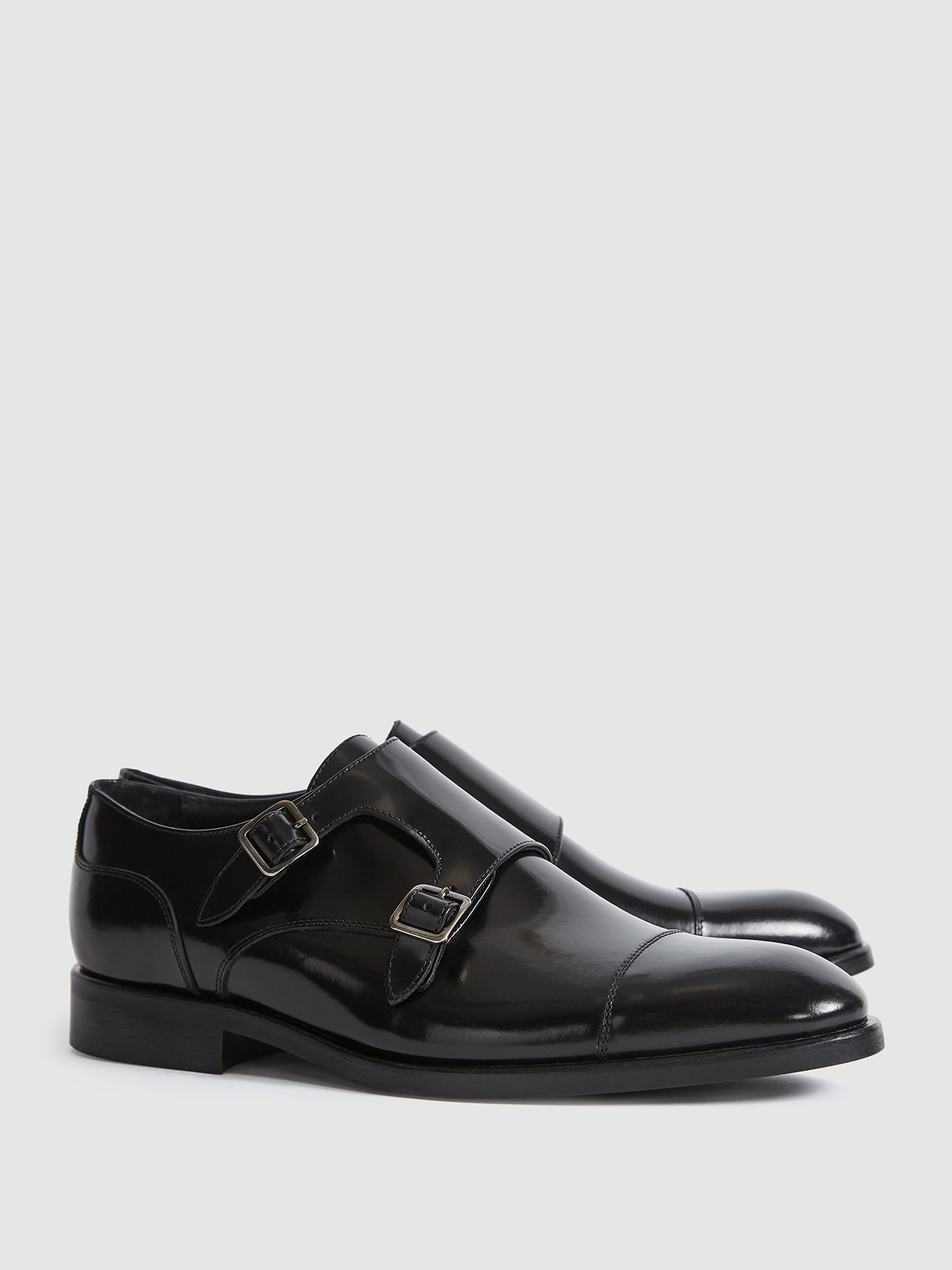 High Shine Leather Monk Strap Shoes in Black - Image 3 of 7