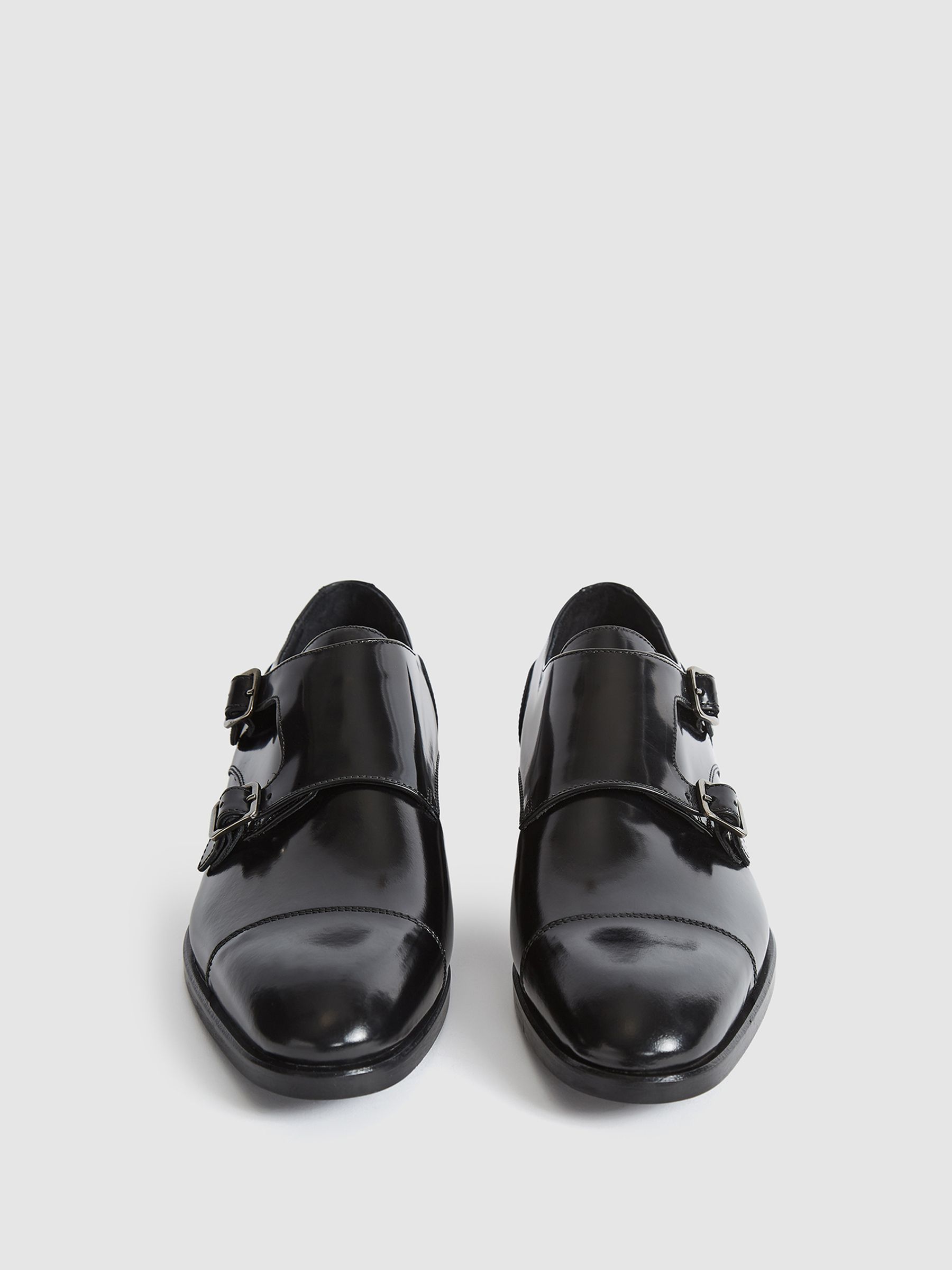 High Shine Leather Monk Strap Shoes in Black - Image 4 of 7