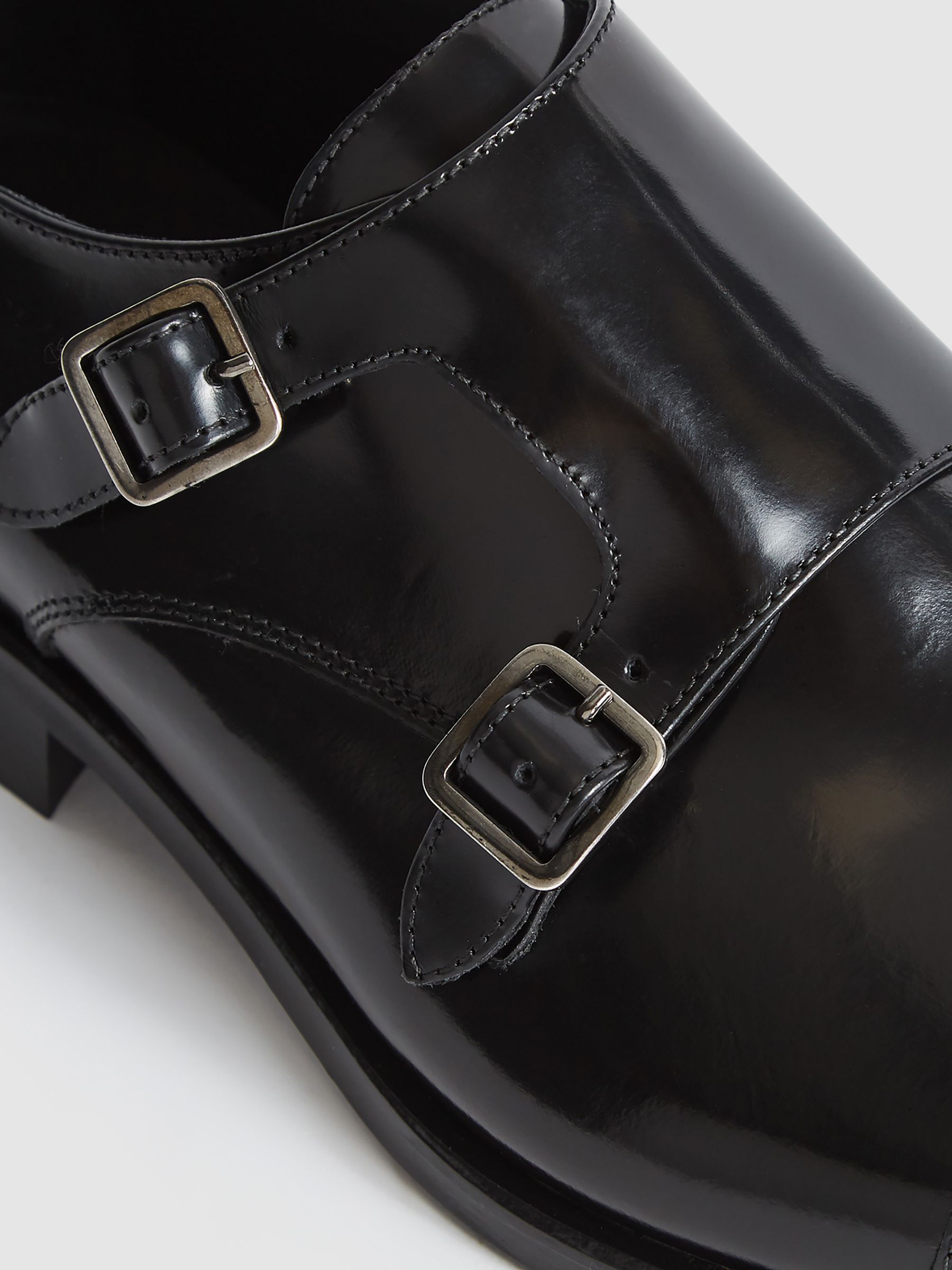 High Shine Leather Monk Strap Shoes in Black - Image 5 of 7