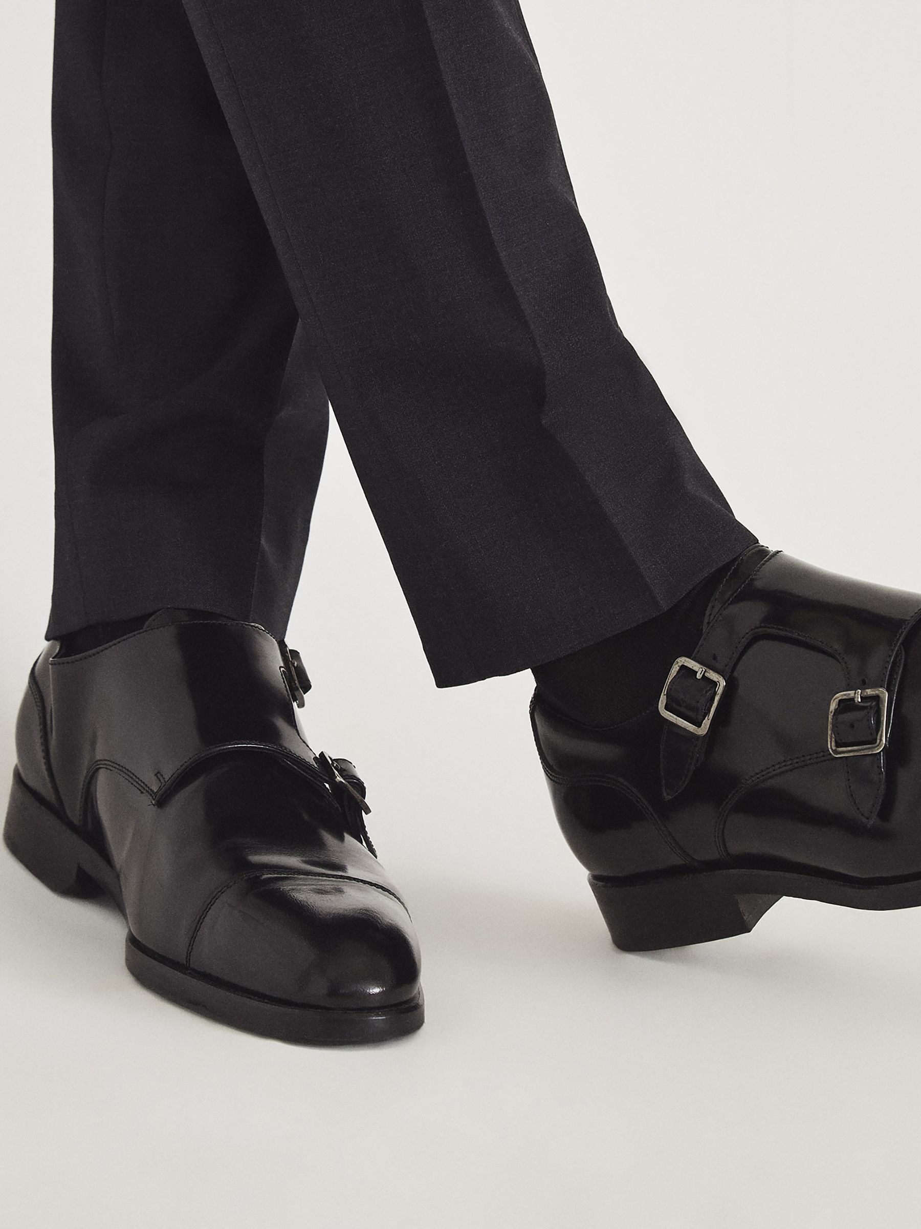 High Shine Leather Monk Strap Shoes in Black - Image 7 of 7
