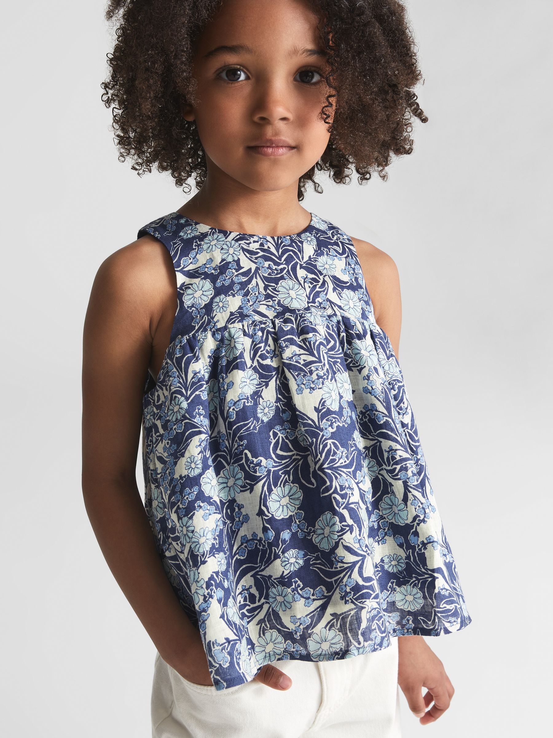 Printed Linen Top in Blue Print - Image 1 of 8