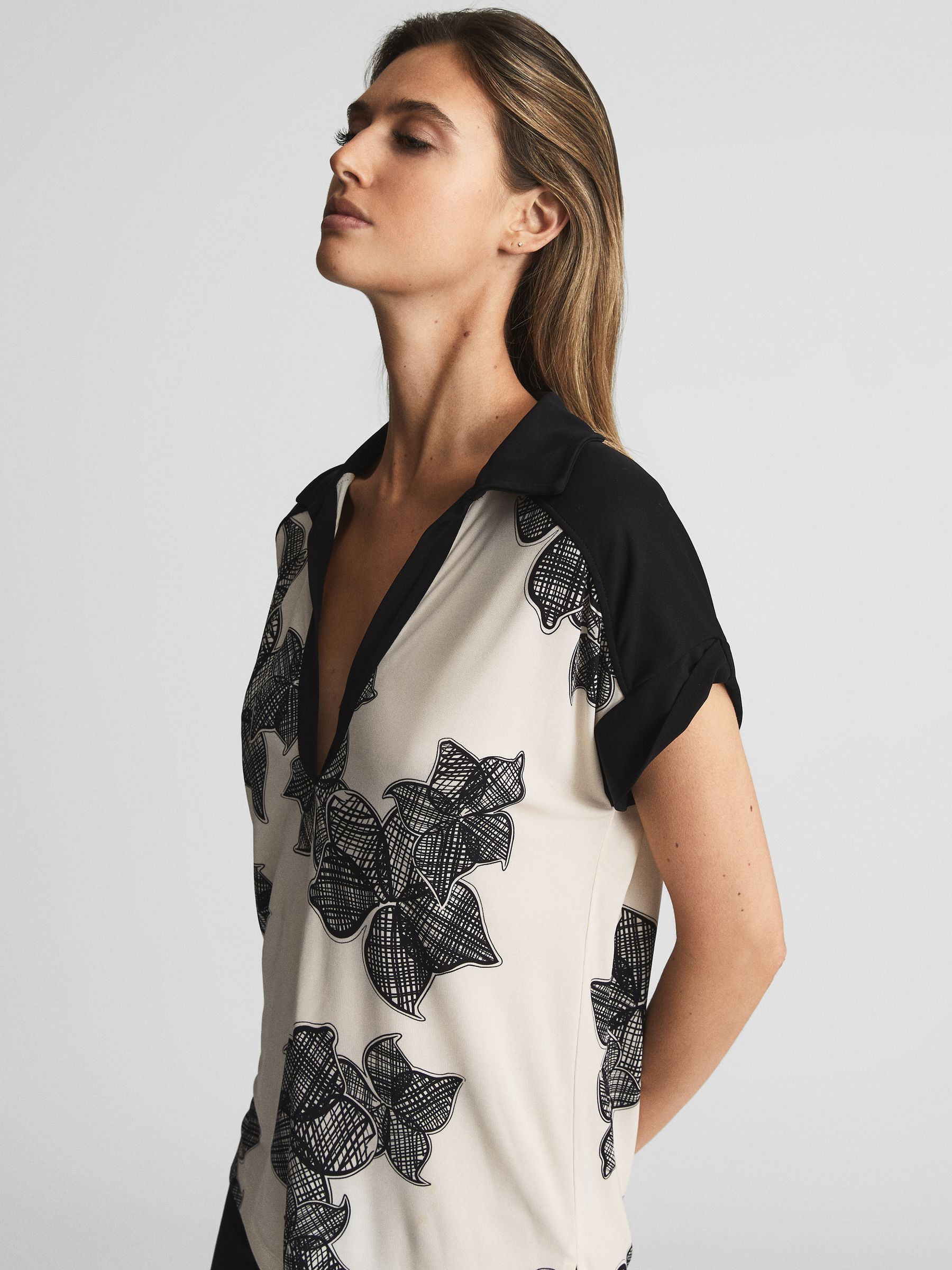 Printed Open Collar Top in Cream/Black - Image 1 of 6