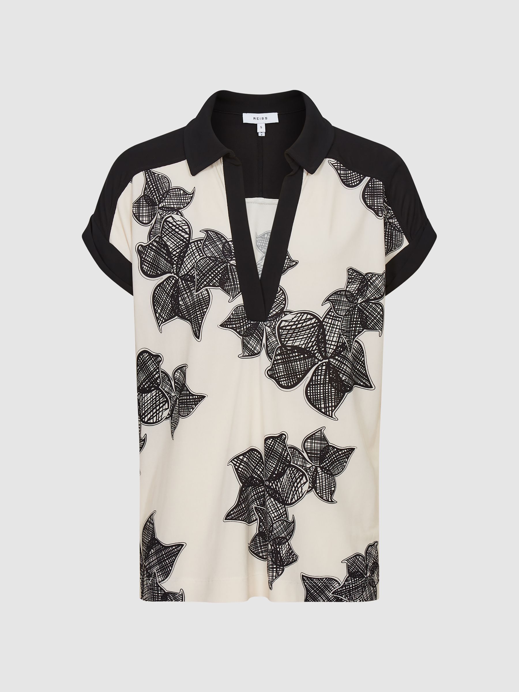 Printed Open Collar Top in Cream/Black - Image 2 of 6 Printed Open Collar Top in Cream/Black - Image 2 of 6