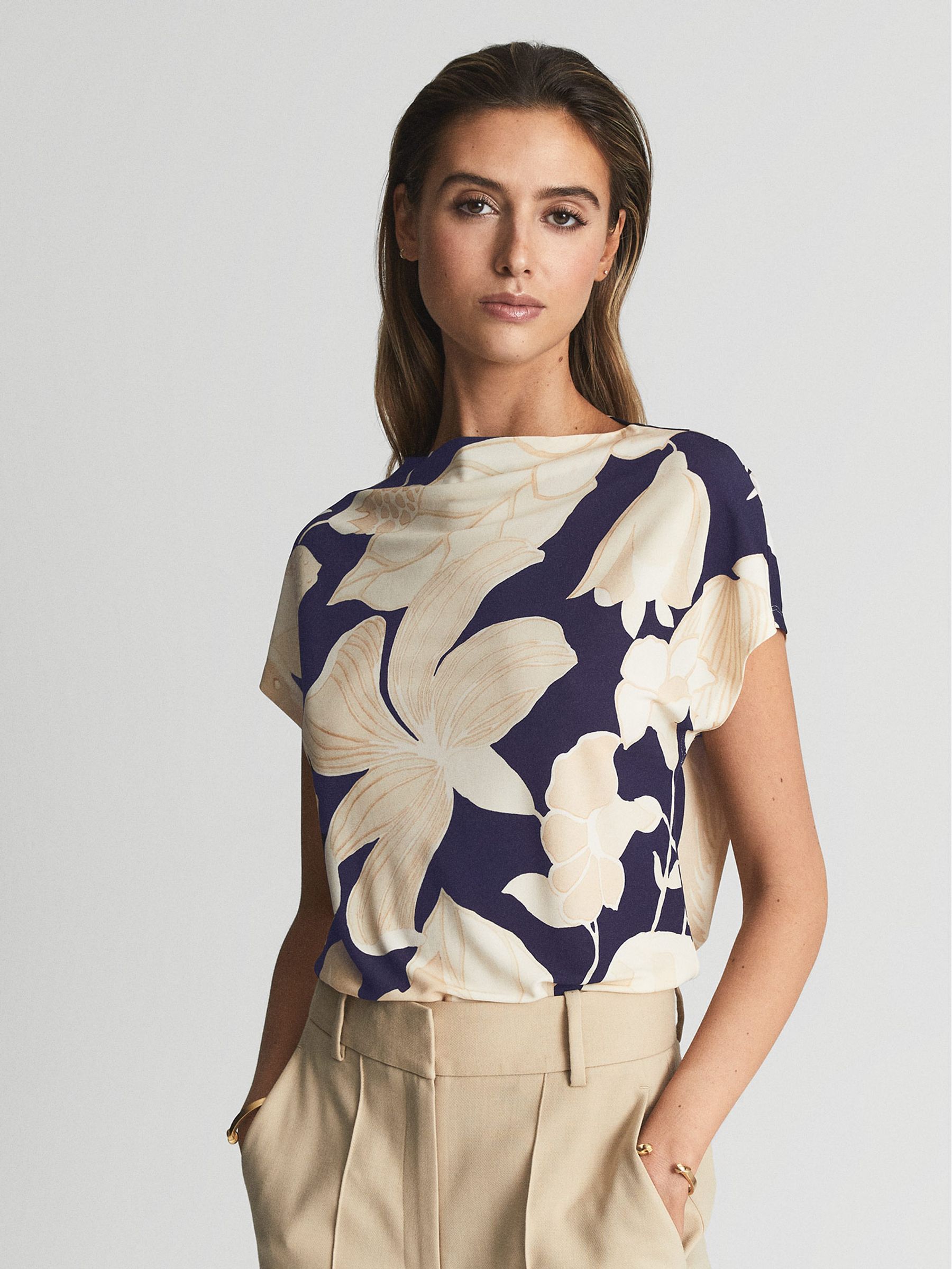 High Neck Floral Print Jersey Top in Cream Print - Image 1 of 5