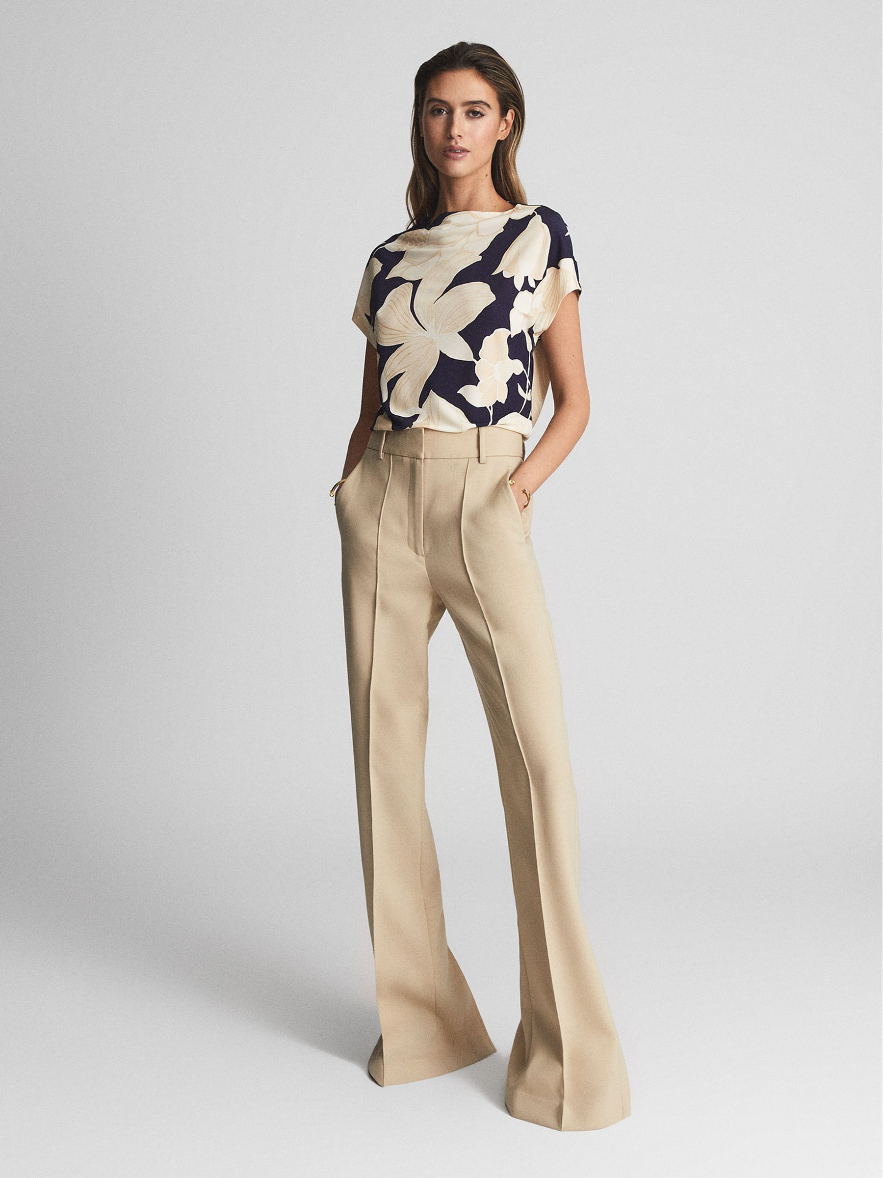 High Neck Floral Print Jersey Top in Cream Print - Image 3 of 5