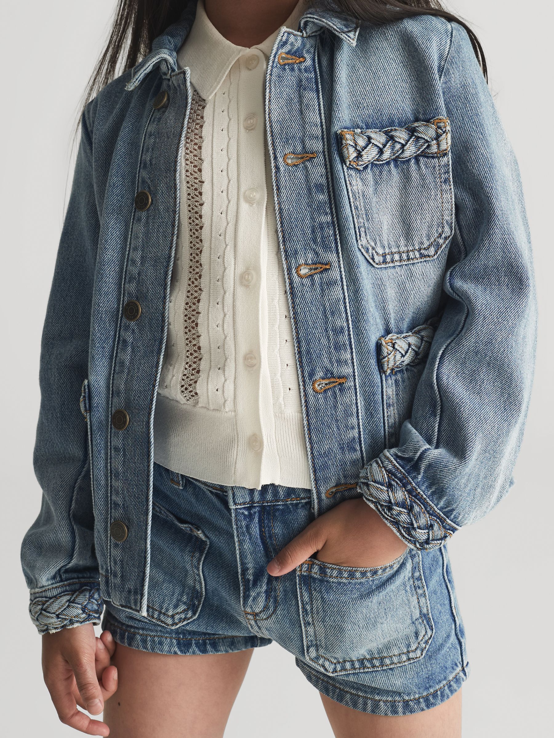 Plait Detail Denim Shorts in Light Blue - Image 1 of 6