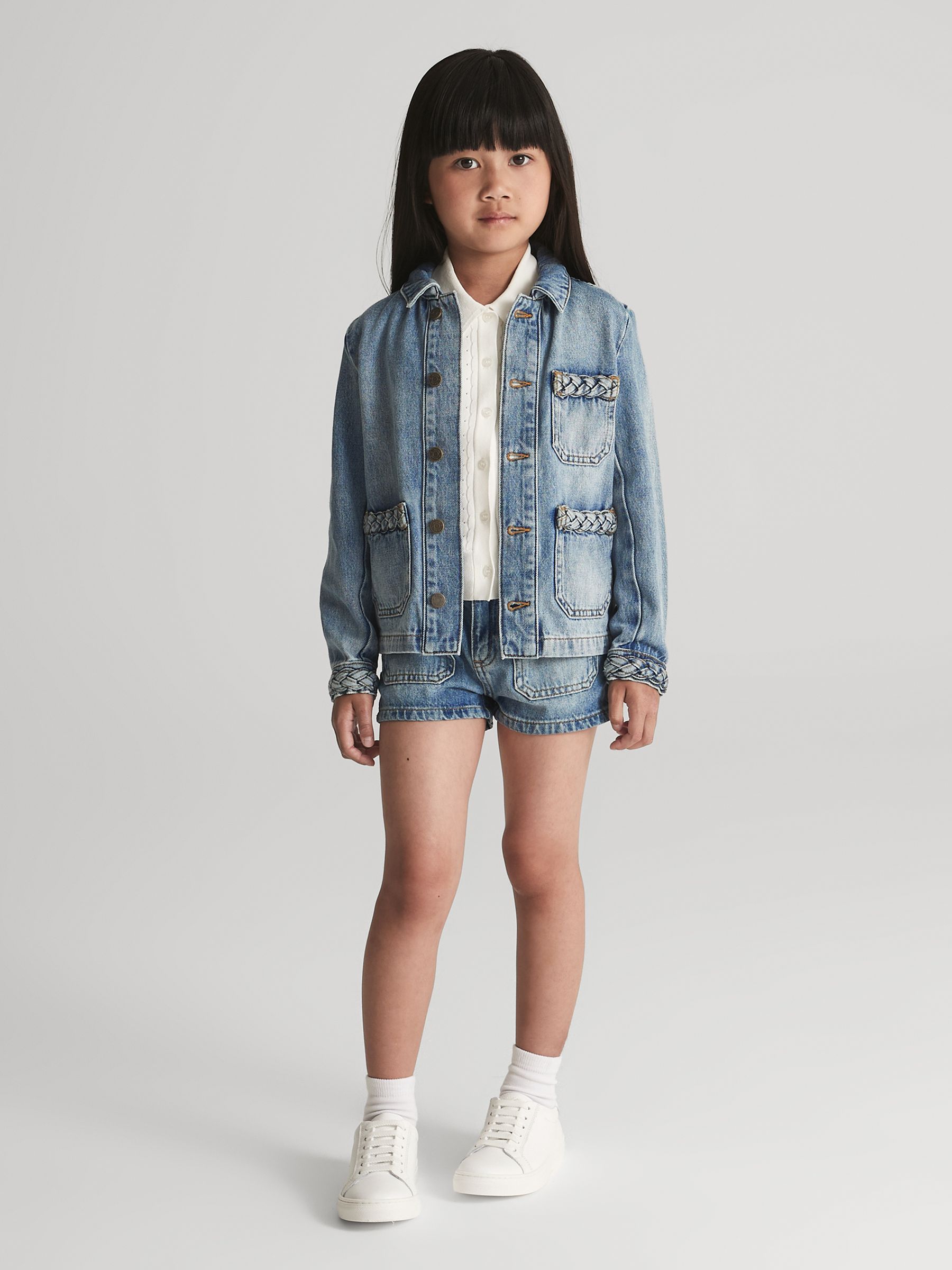 Plait Detail Denim Shorts in Light Blue - Image 3 of 6