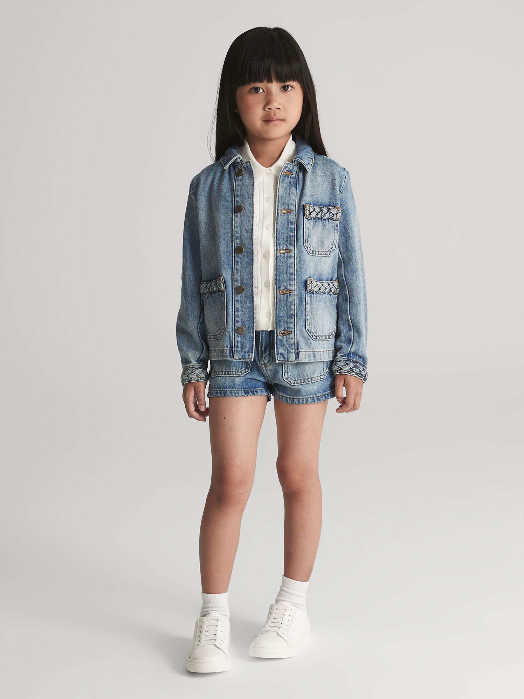 Plait Detail Denim Jacket in Light Blue - Image 1 of 8