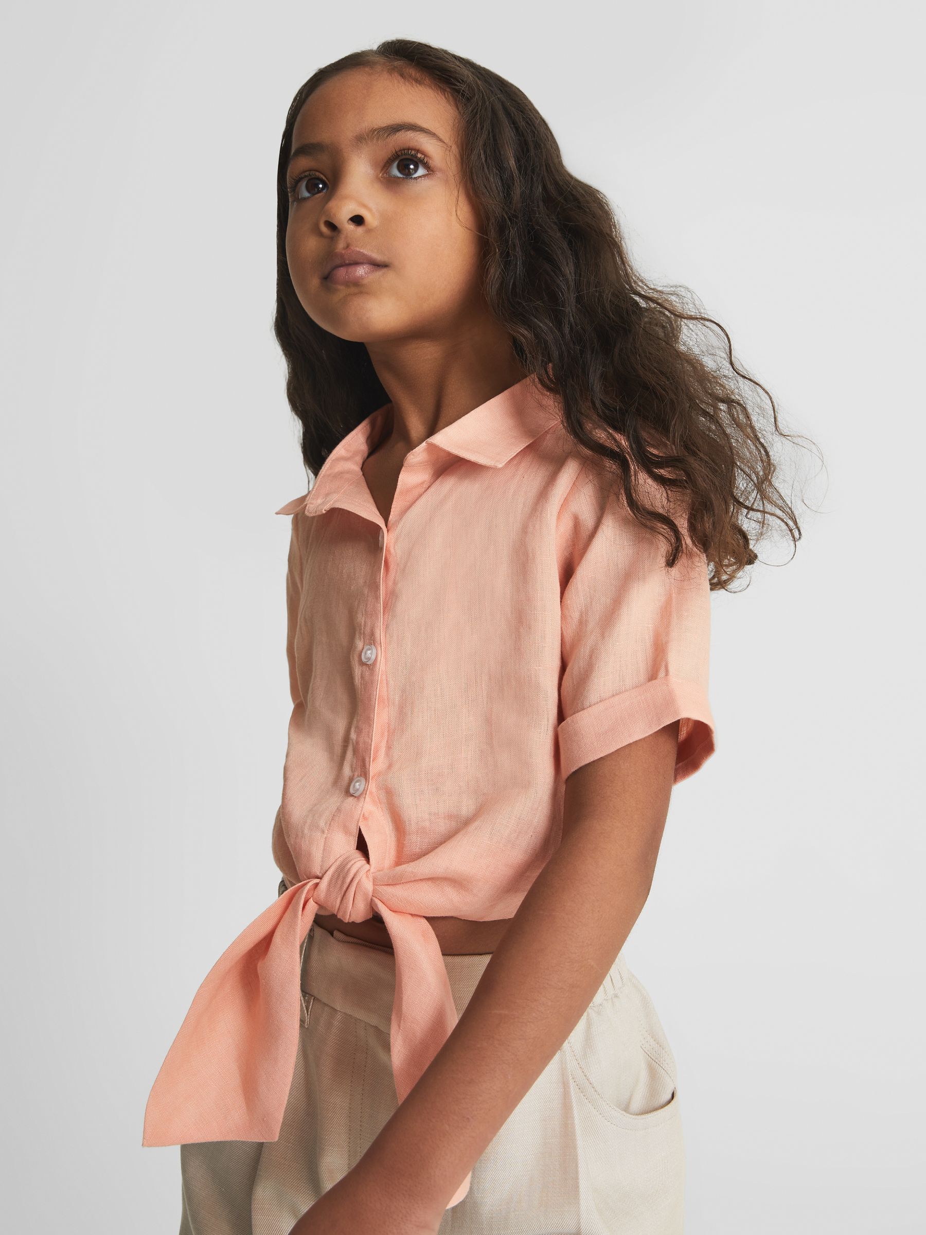 Tie Front Linen Shirt in Pink - Image 1 of 6