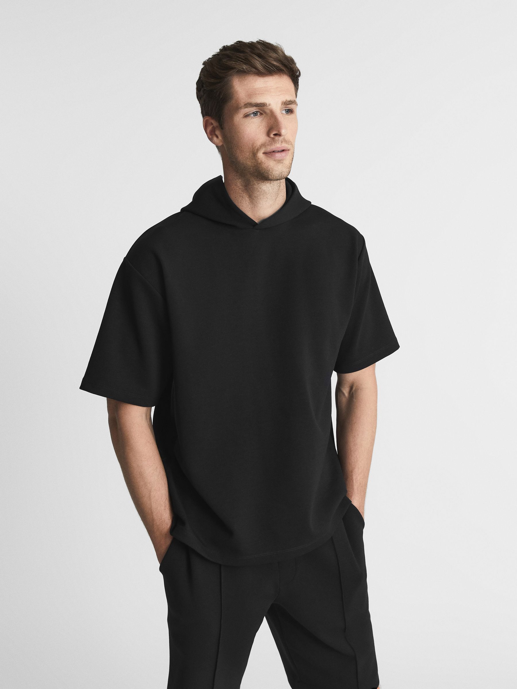 Interlock Short Sleeve Hoodie in Navy - Image 1 of 5 Interlock Short Sleeve Hoodie in Navy - Image 1 of 5