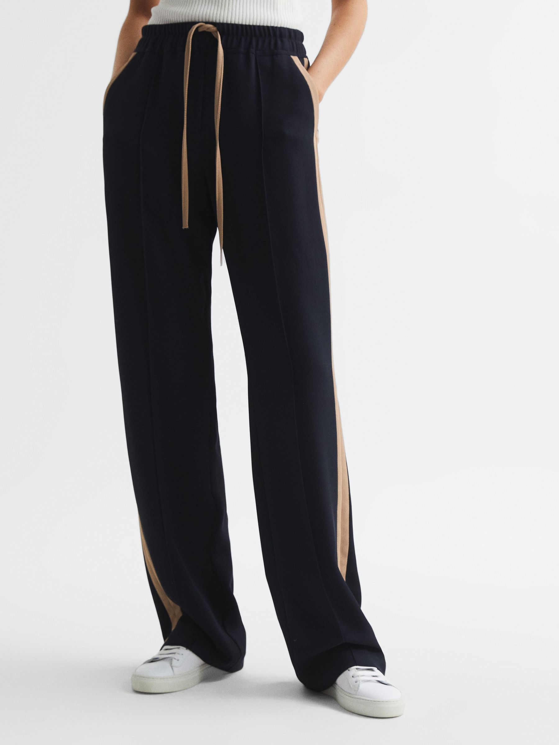 Reiss Wide Leg Side Stripe Trousers in Navy | REISS
