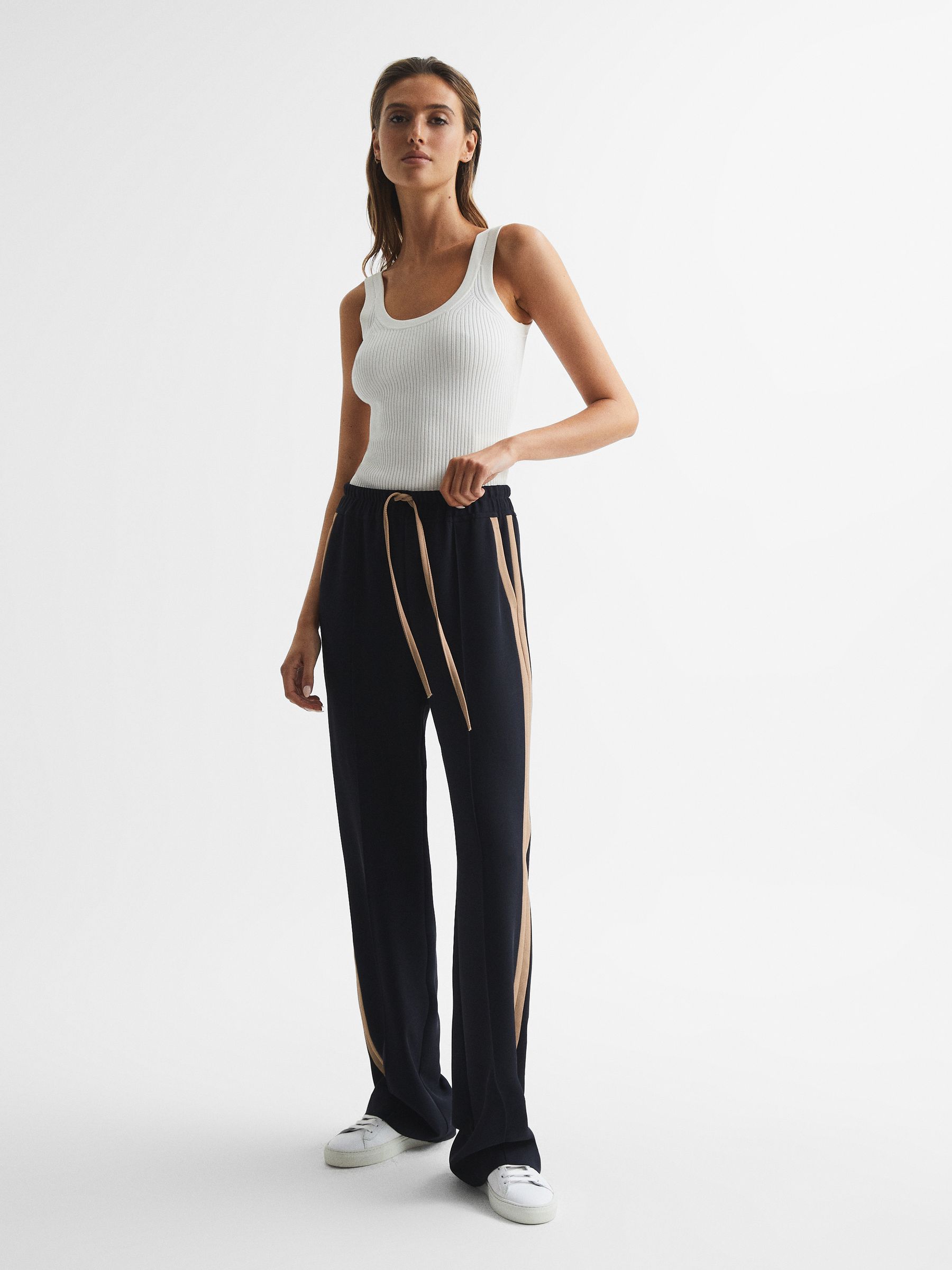 Wide Leg Side Stripe Trousers in Navy - Image 3 of 7