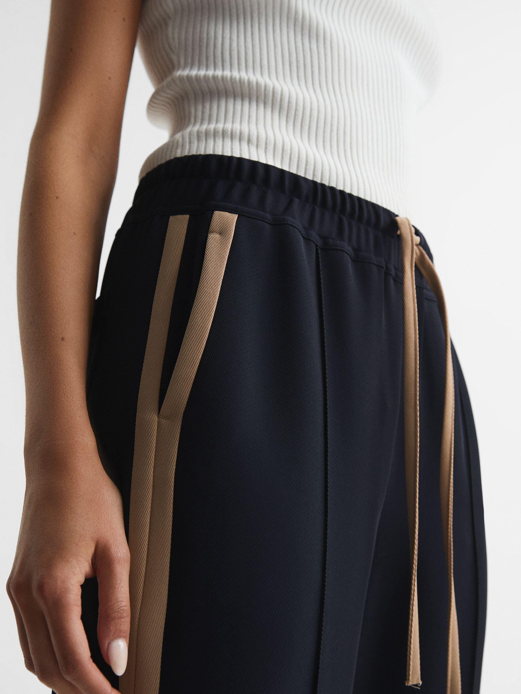 Wide Leg Side Stripe Trousers in Navy - Image 4 of 7