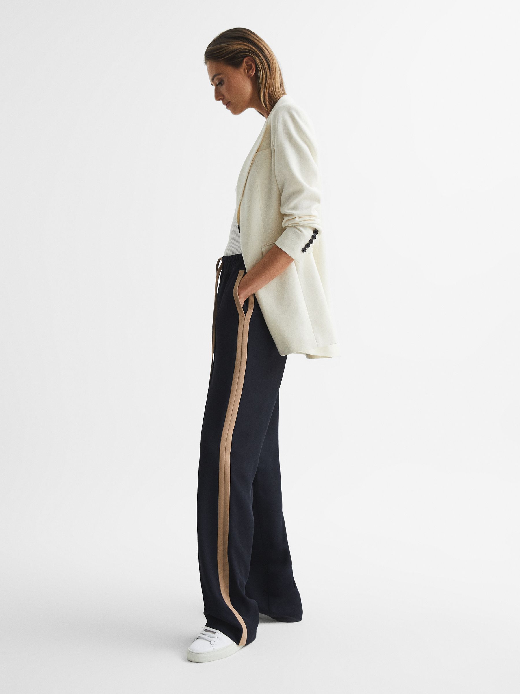 Wide Leg Side Stripe Trousers in Navy - Image 7 of 7
