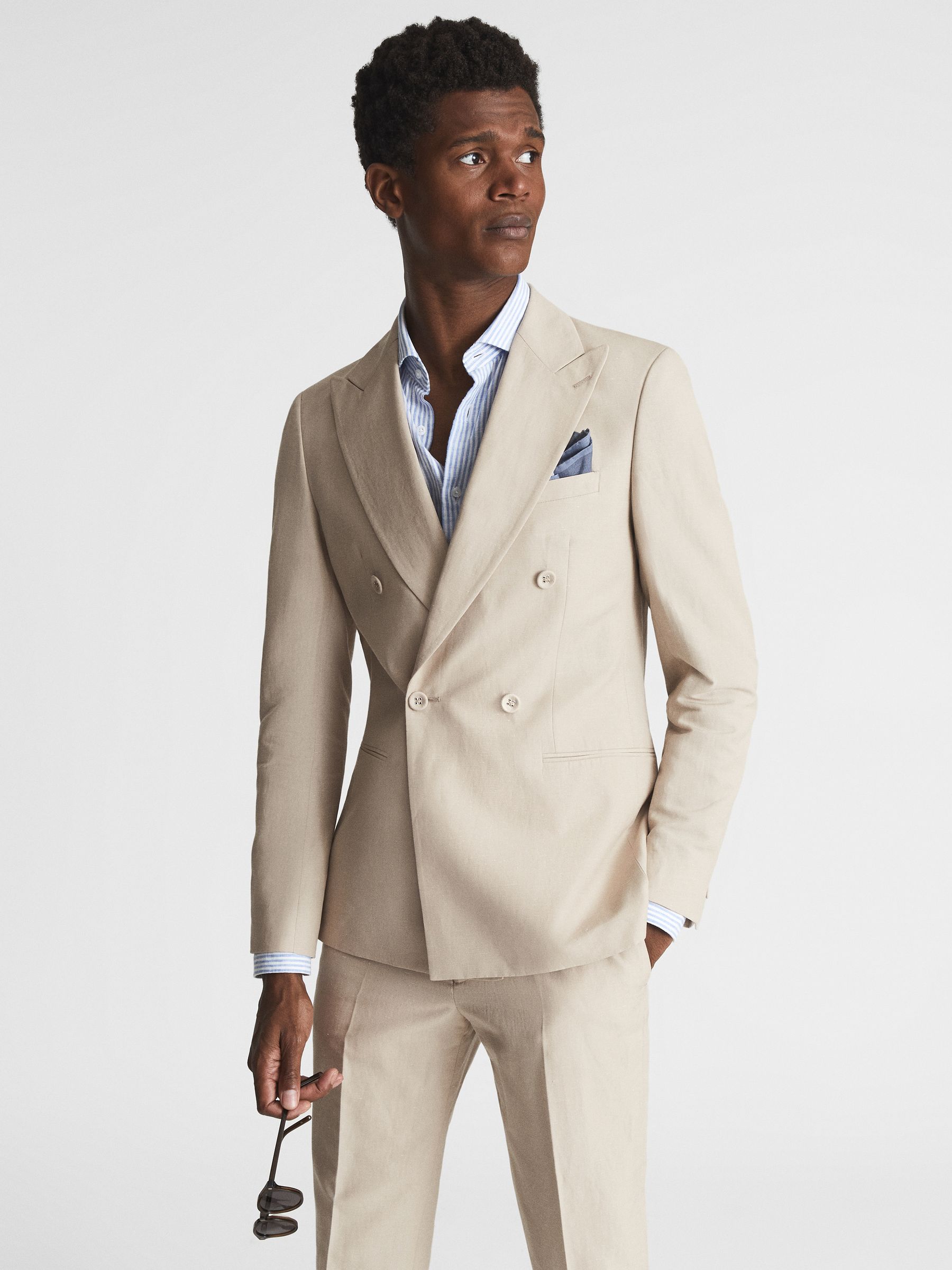 Reiss Double Breasted Linen Blazer in Stone | REISS