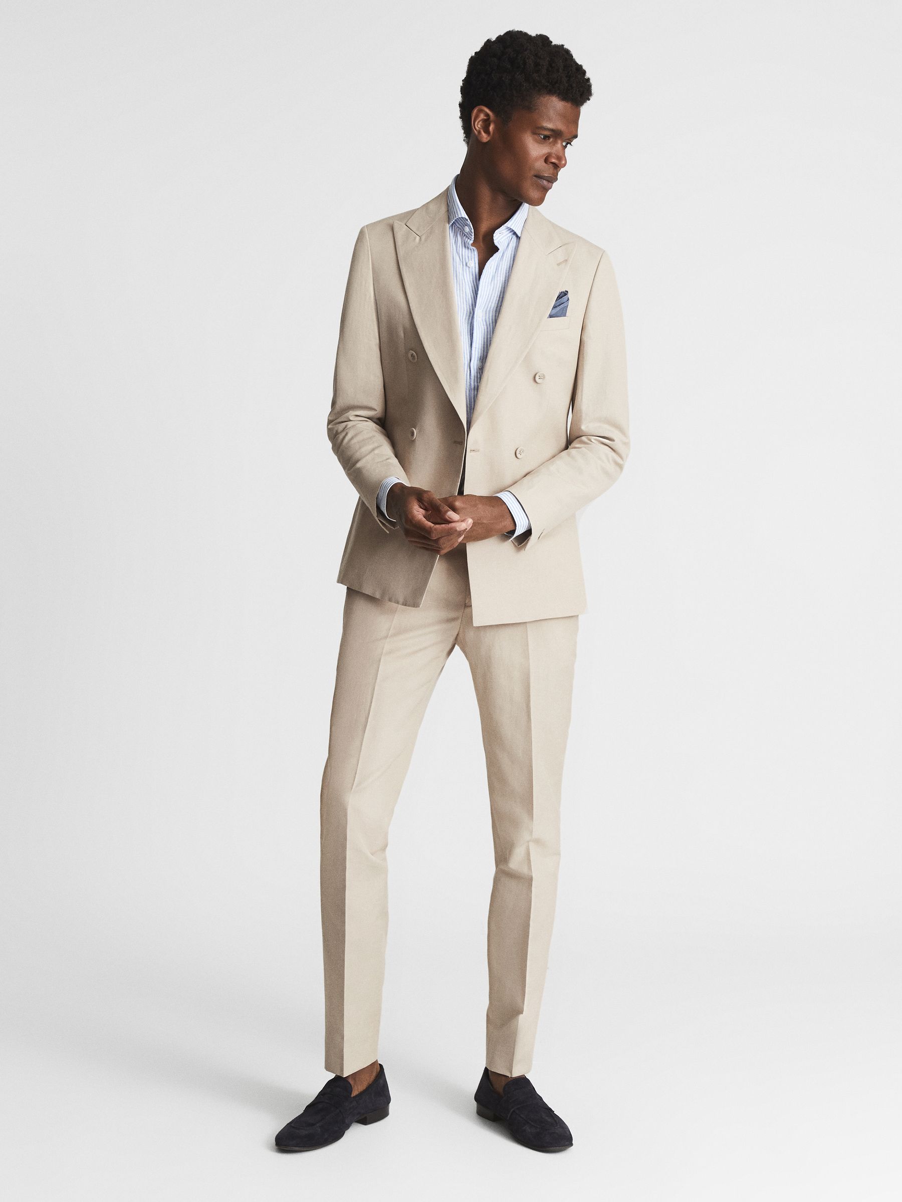 Reiss Double Breasted Linen Blazer in Stone | REISS
